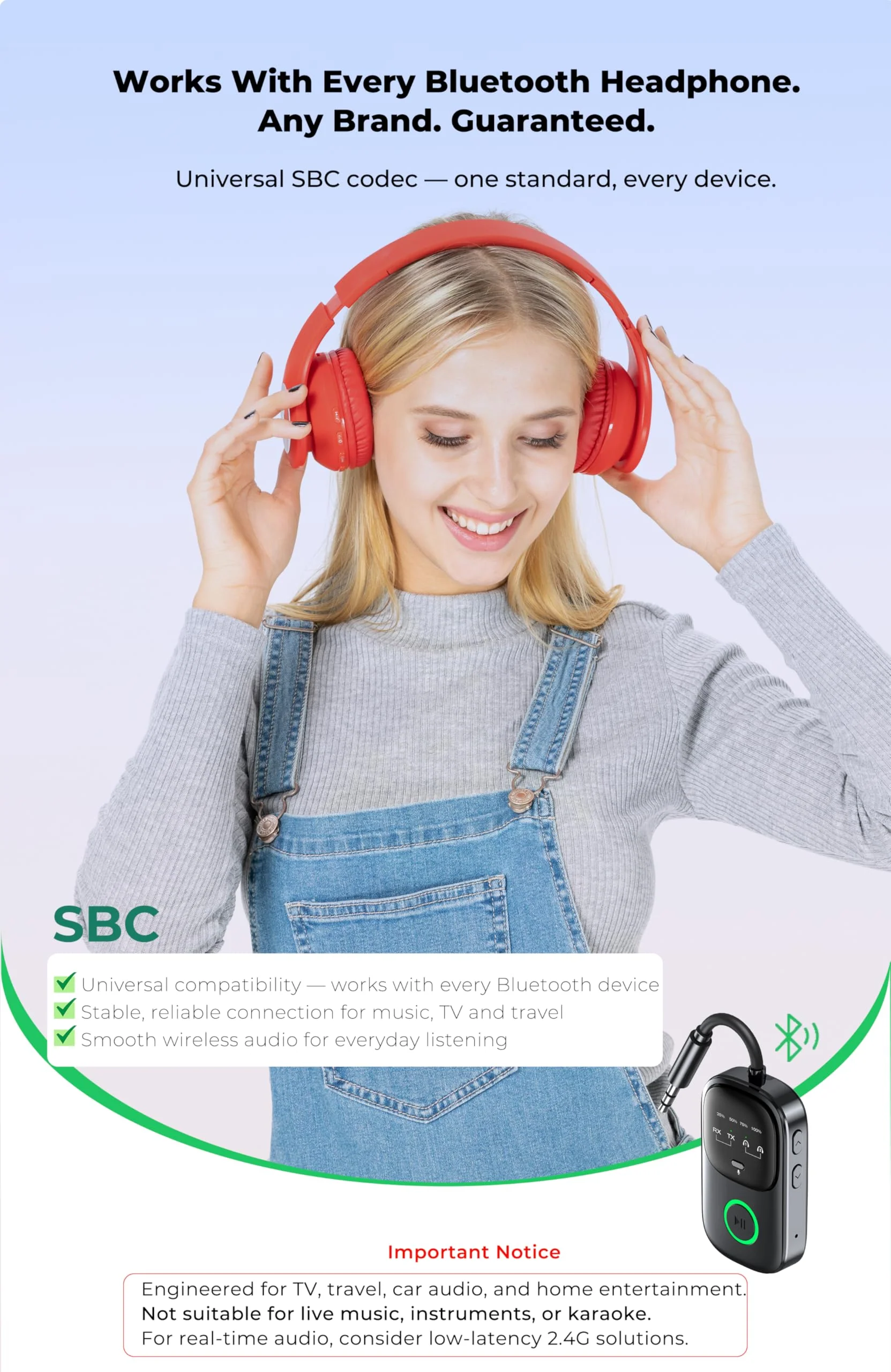 Bluetooth Transmitter Receiver 2-in-1: Car Handsfree Mic, TV & Airplane Audio | Connect 2 Headphones | 18-Hr Battery - Image 5