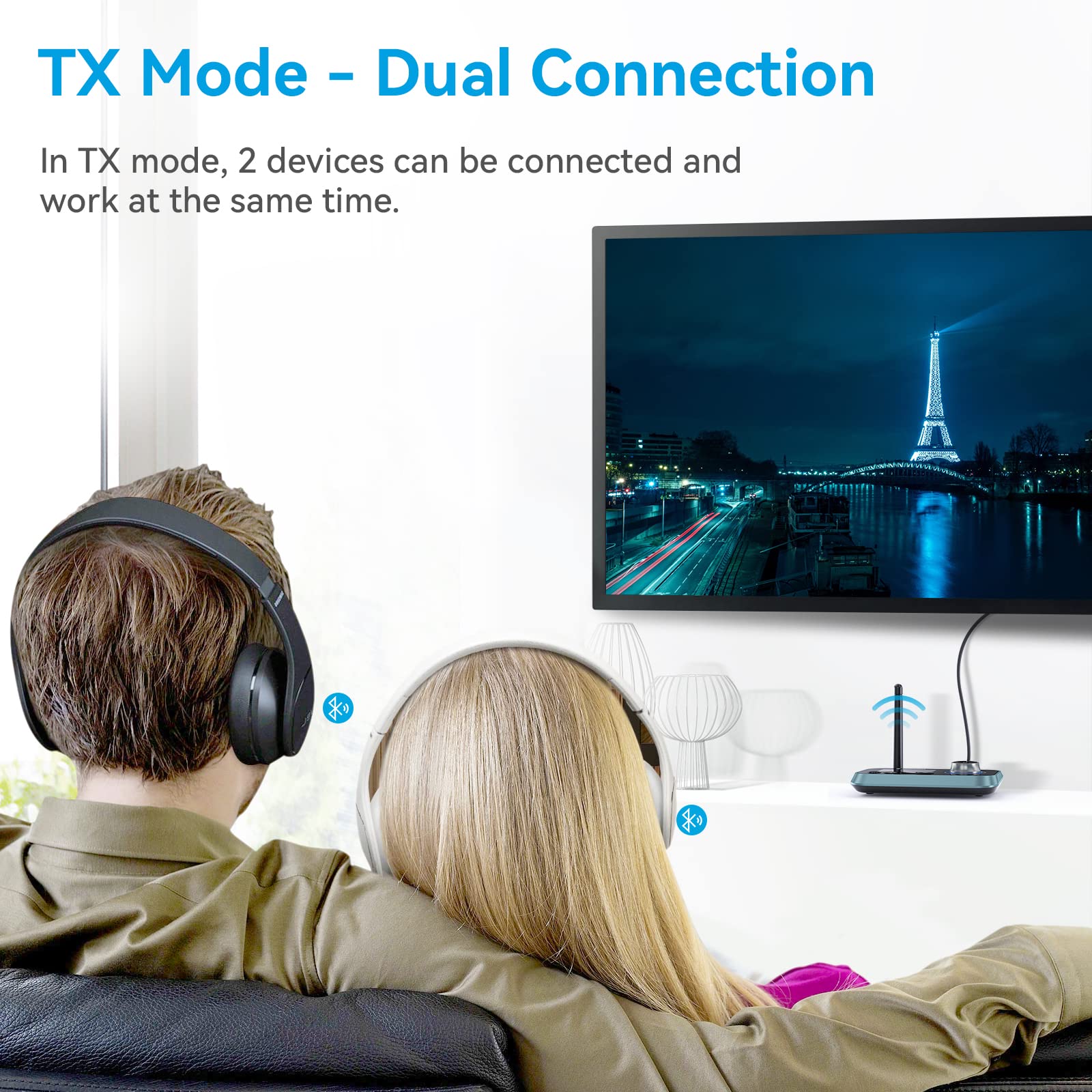 Bluetooth Transmitter Receiver - SOOMFON 3-in-1 Bluetooth 5.0 Audio Adapter for 2 Headphones with LCD Display Adjustable Volume, Optical AUX RCA Bypass for TV Home Stereo Speaker - Image 2
