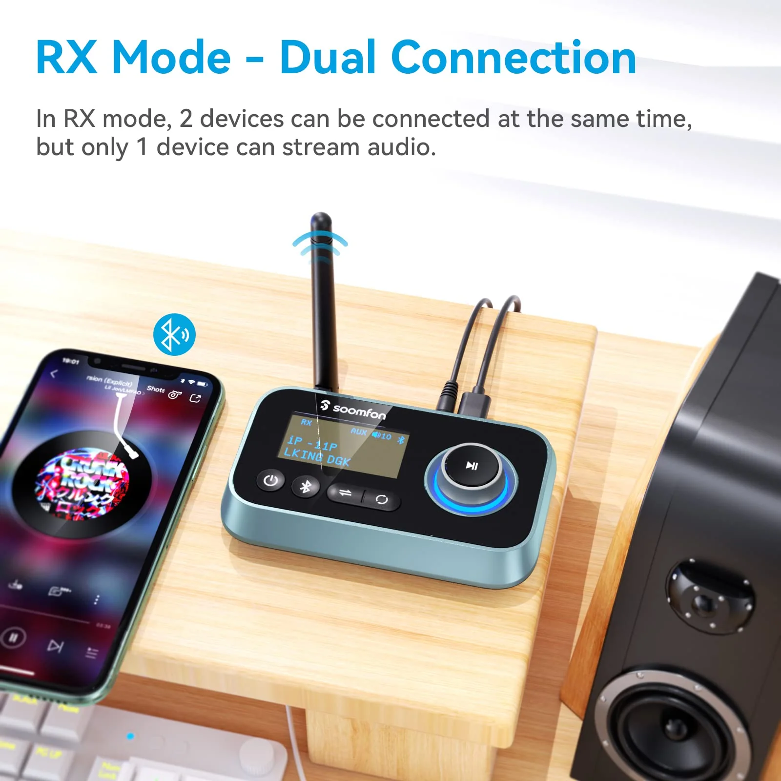 Bluetooth Transmitter Receiver - SOOMFON 3-in-1 Bluetooth 5.0 Audio Adapter for 2 Headphones with LCD Display Adjustable Volume, Optical AUX RCA Bypass for TV Home Stereo Speaker - Image 3