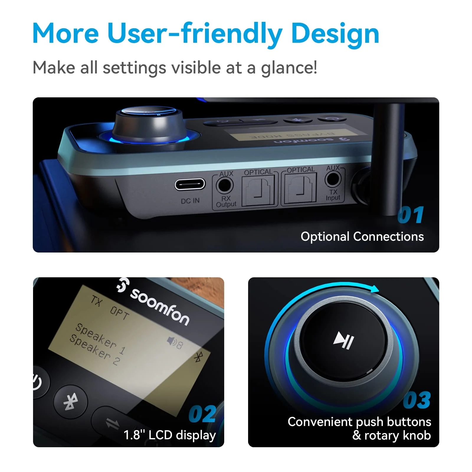Bluetooth Transmitter Receiver - SOOMFON 3-in-1 Bluetooth 5.0 Audio Adapter for 2 Headphones with LCD Display Adjustable Volume, Optical AUX RCA Bypass for TV Home Stereo Speaker - Image 5