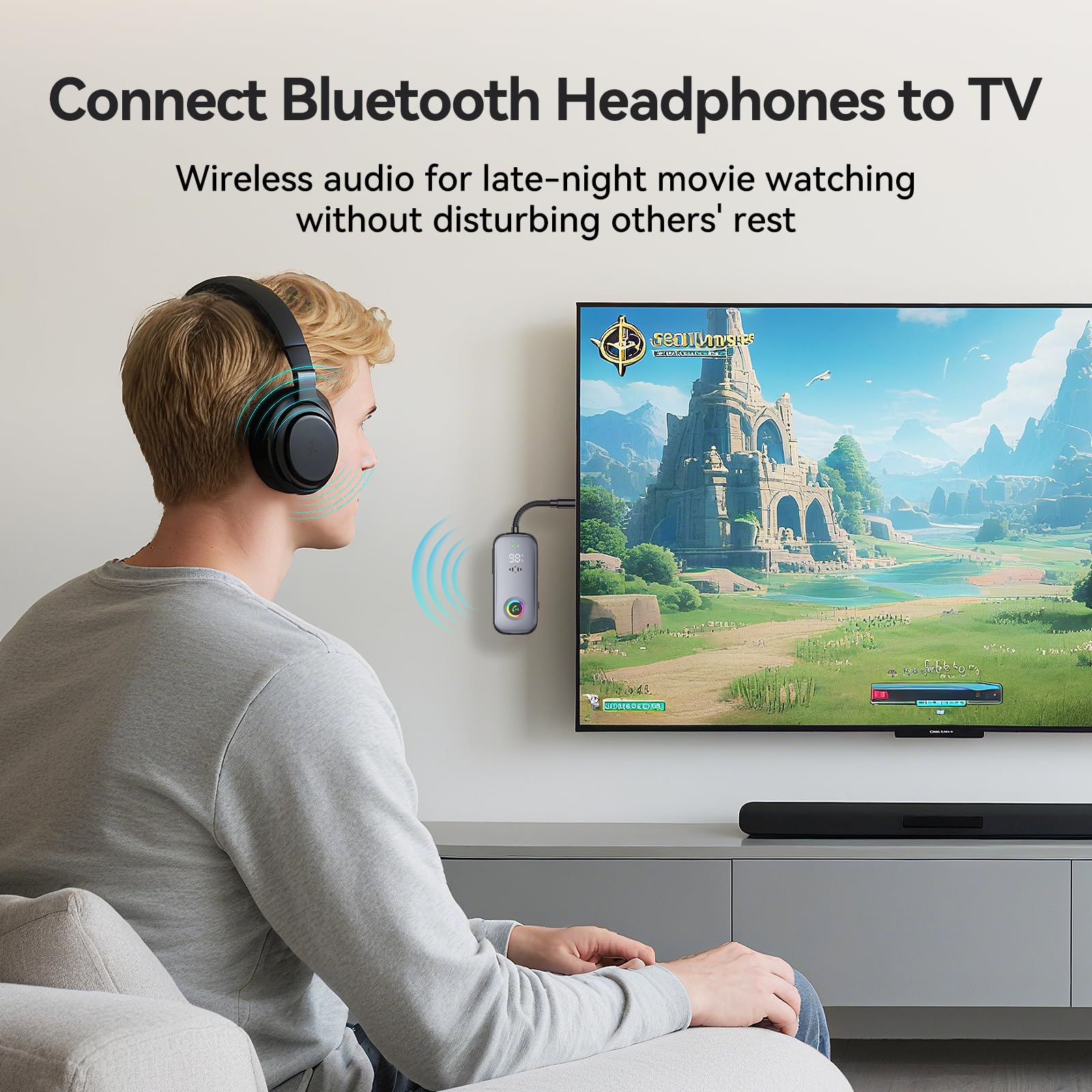Bluetooth Transmitter Receiver,Supports 2 AirPod/Headphone,HD Battery Level Display,Low Latency, 3.5mm Audio Interface Bluetooth Audio Adapter,for Airplane,TV,Car,Gyms,Home Audio Stereo Systems - Image 4