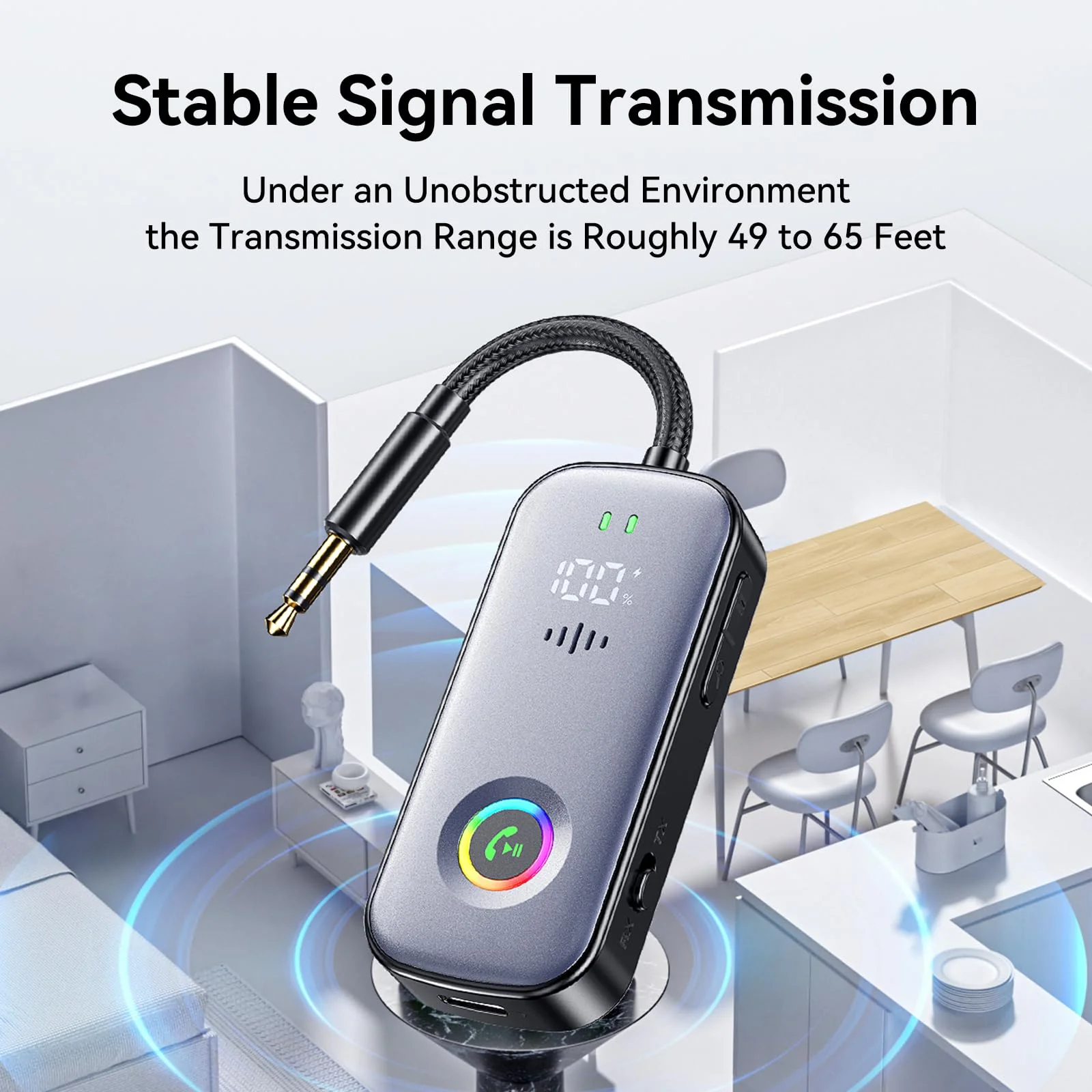 Bluetooth Transmitter Receiver,Supports 2 AirPod/Headphone,HD Battery Level Display,Low Latency, 3.5mm Audio Interface Bluetooth Audio Adapter,for Airplane,TV,Car,Gyms,Home Audio Stereo Systems - Image 8