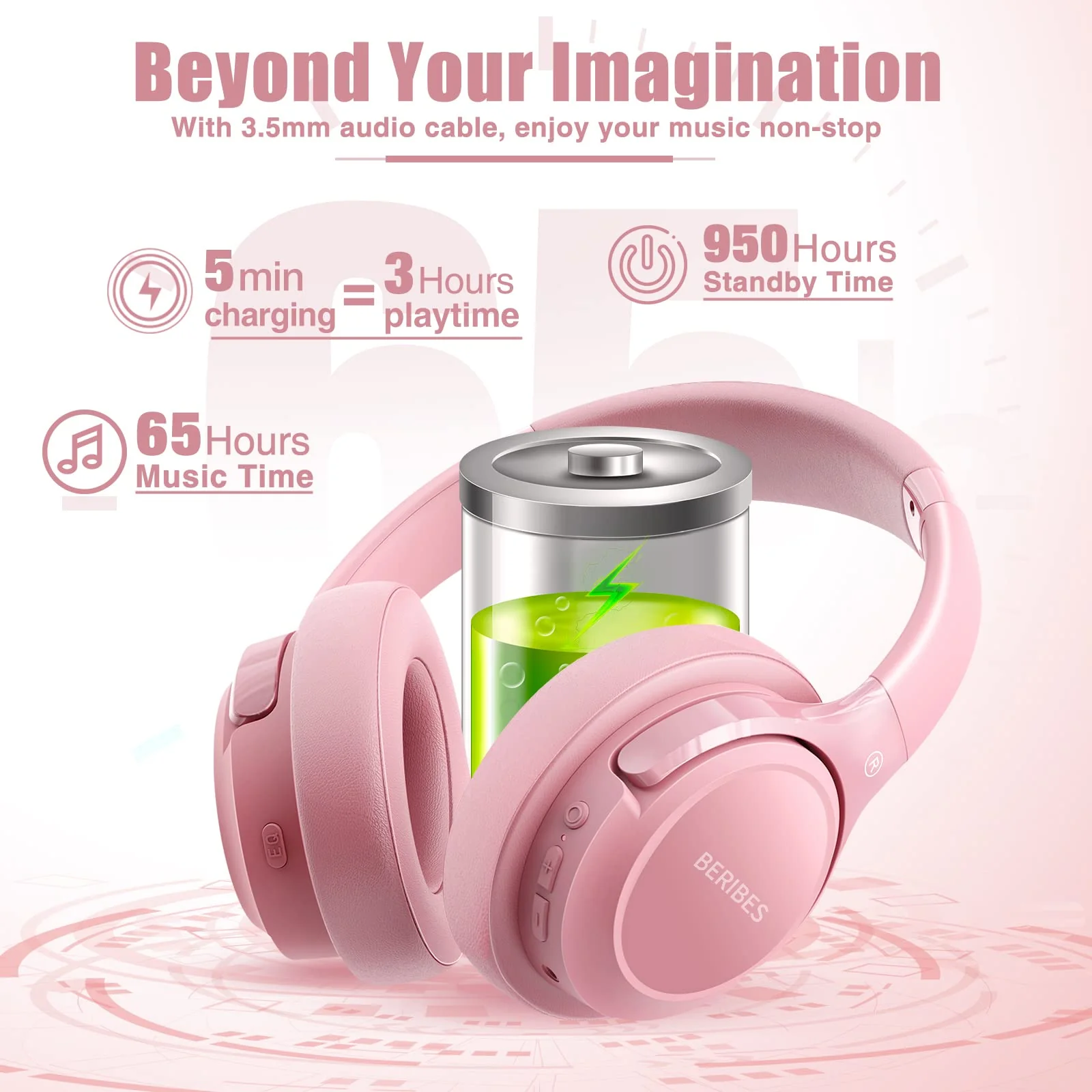Bluetooth Wireless Headphones Over Ear,BERIBES 65H Playtime and 6 EQ Music Modes with Microphone, HiFi Stereo Foldable Lightweight Headset, Deep Bass for Home Office Cellphone PC Etc.(Pink) Pink - Image 3