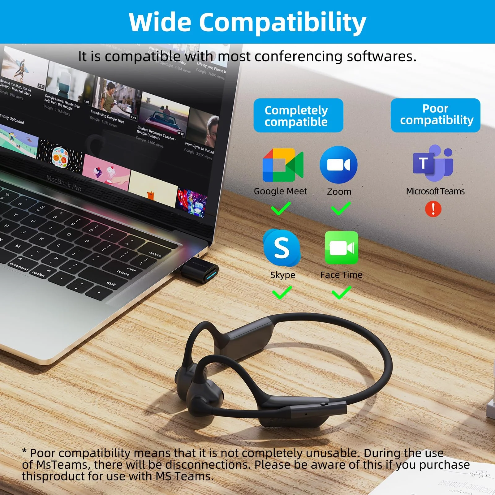 Bluetooth Wireless Headset,Open Ear Wireless Headphones with Mic, Wired Speakers,Hands-Free Call,Dual Connection,Audio Receiver for Business, PC/PS4/PS5/Online Teaching/Meeting/Call Center - Image 6