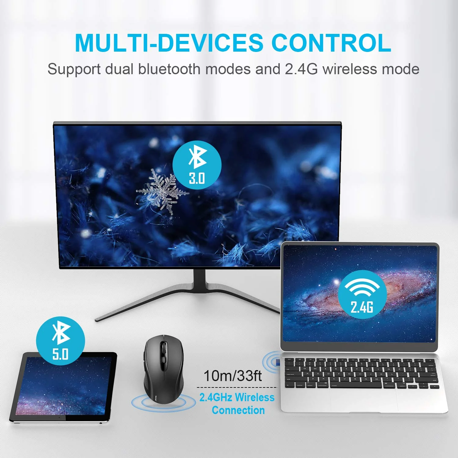 Bluetooth Wireless Mouse, TECKNET 3 Modes Bluetooth 5.0 & 3.0 Mouse 2.4G Wireless Portable Optical Mouse with USB Nano Receiver, 2400 DPI for Laptop, MacBook, PC, Windows, Android, OS System (Black) Black - Image 2