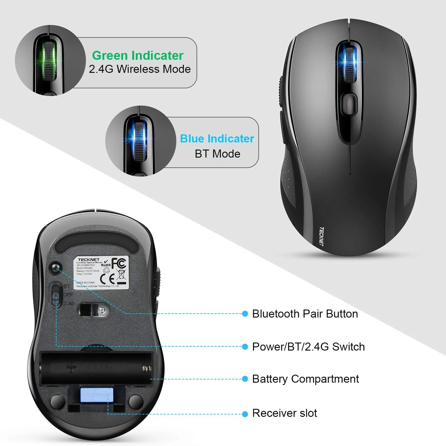Bluetooth Wireless Mouse, TECKNET 3 Modes Bluetooth 5.0 & 3.0 Mouse 2.4G Wireless Portable Optical Mouse with USB Nano Receiver, 2400 DPI for Laptop, MacBook, PC, Windows, Android, OS System (Black) Black - Image 4