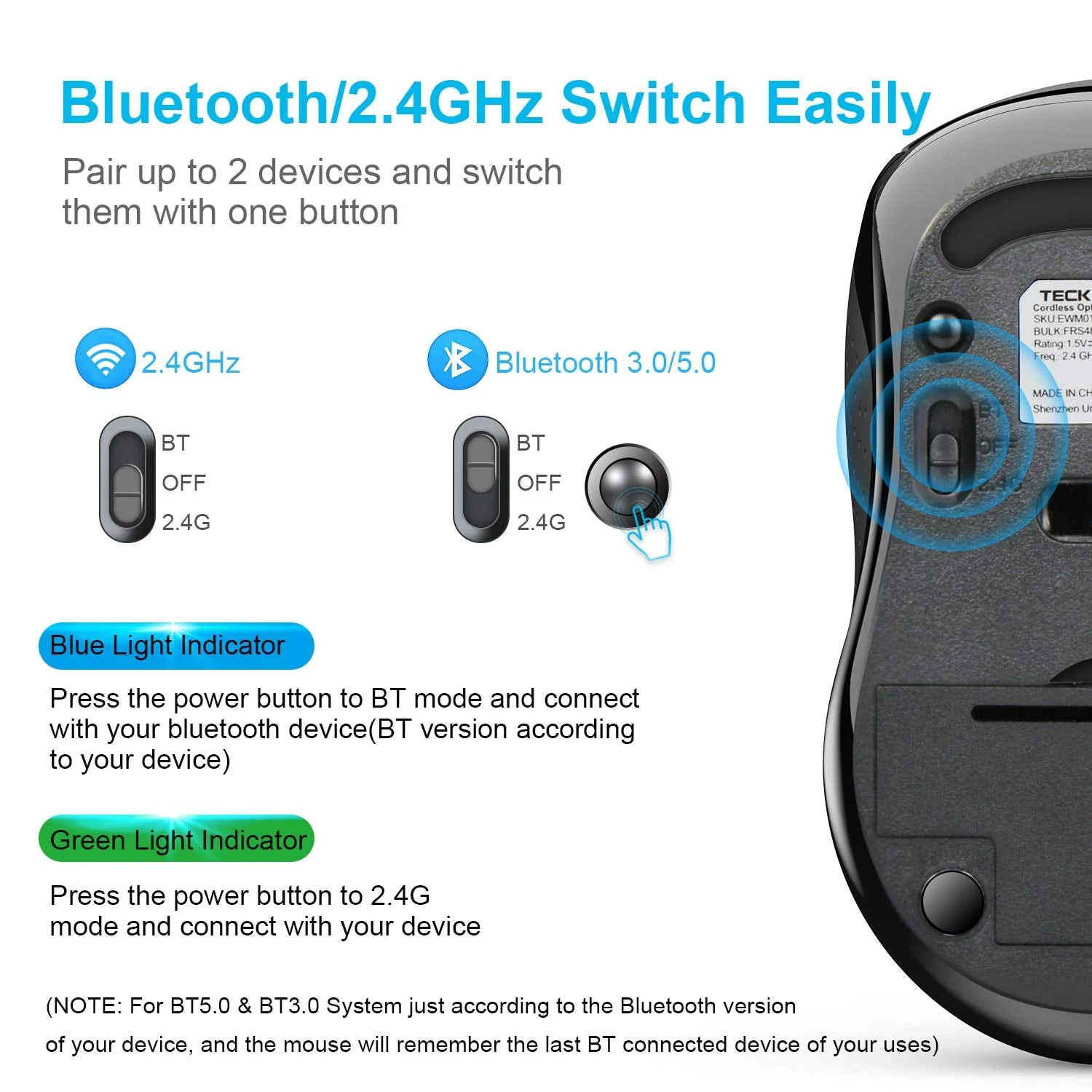 Bluetooth Wireless Mouse, TECKNET 3 Modes Bluetooth 5.0 & 3.0 Mouse 2.4G Wireless Portable Optical Mouse with USB Nano Receiver, 2400 DPI for Laptop, MacBook, PC, Windows, Android, OS System (Black) Black - Image 5