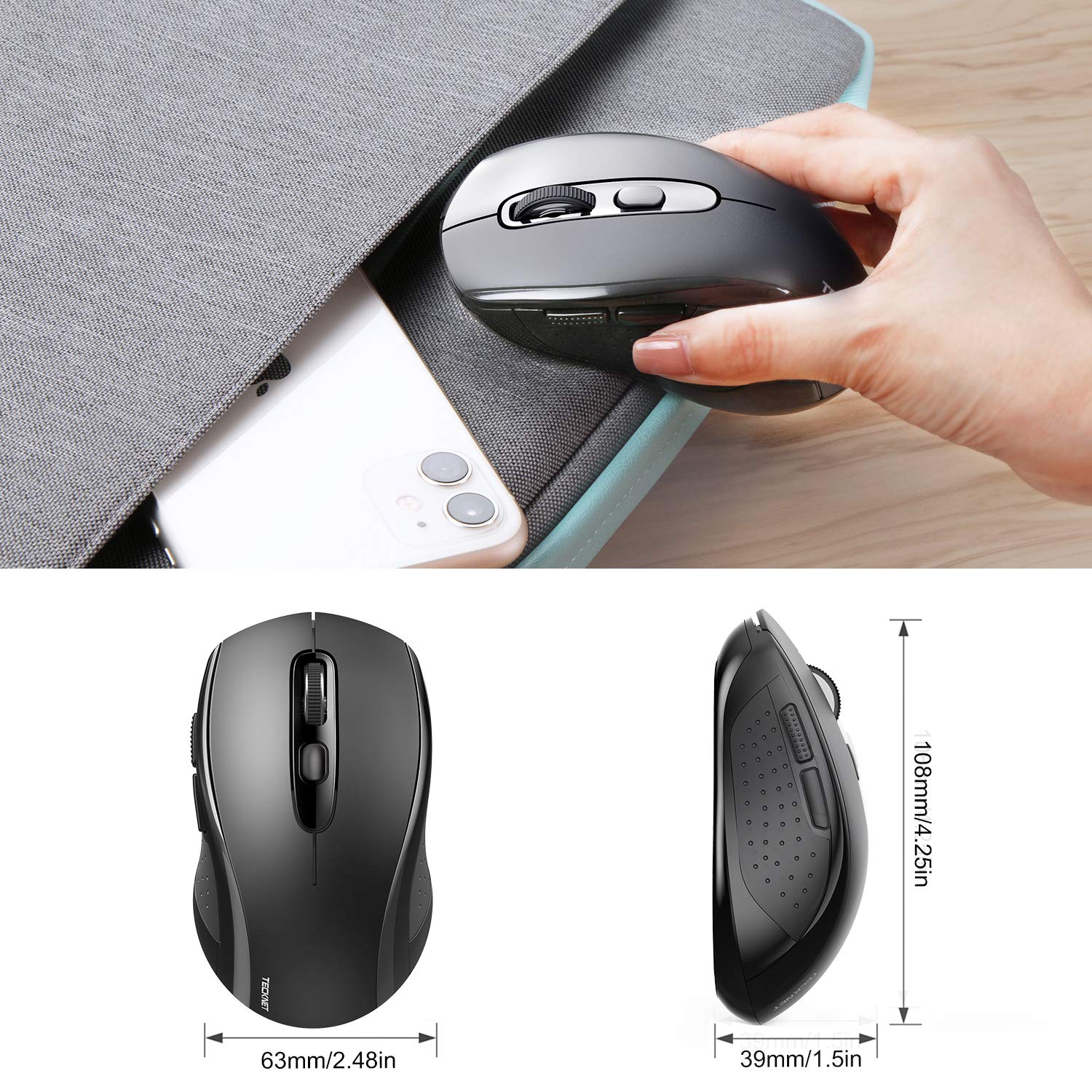 Bluetooth Wireless Mouse, TECKNET 3 Modes Bluetooth 5.0 & 3.0 Mouse 2.4G Wireless Portable Optical Mouse with USB Nano Receiver, 2400 DPI for Laptop, MacBook, PC, Windows, Android, OS System (Black) Black - Image 6