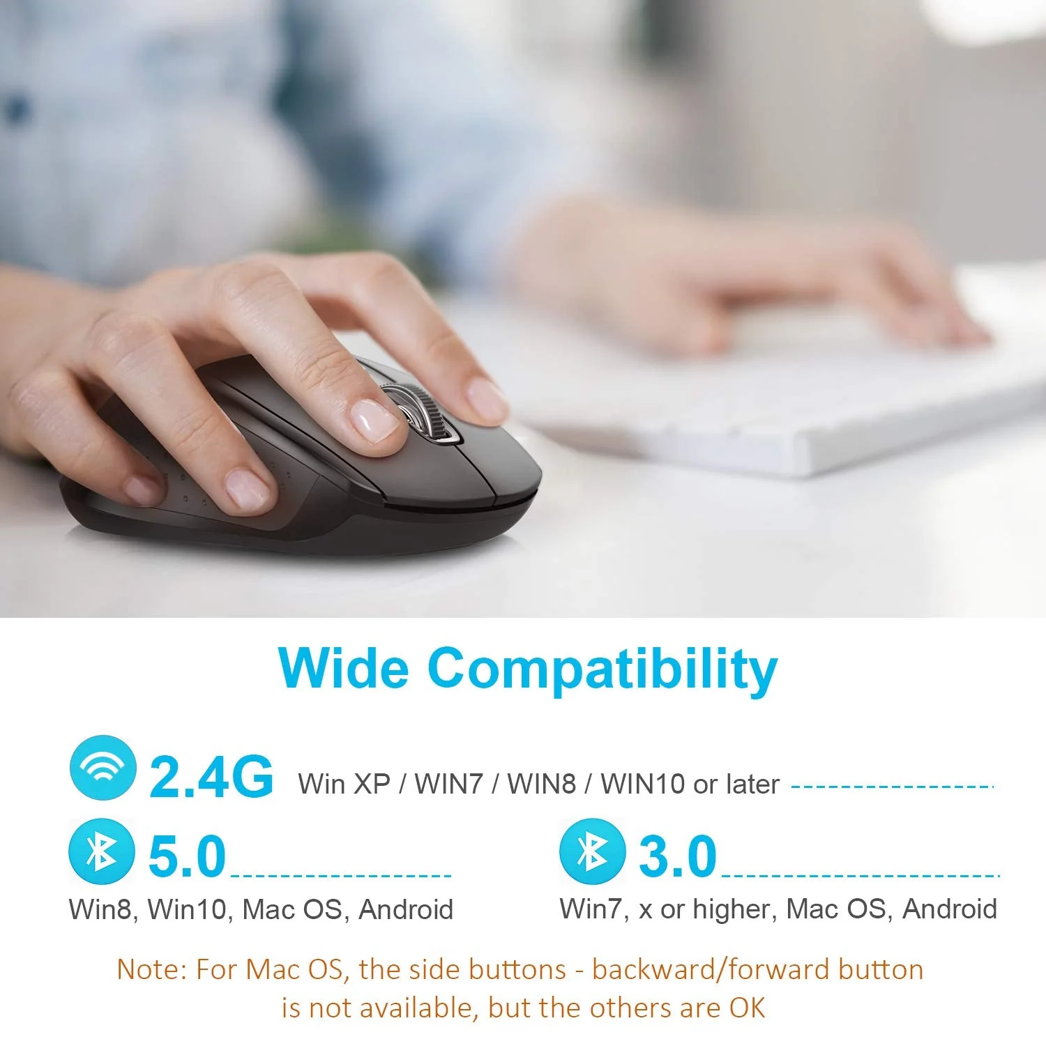 Bluetooth Wireless Mouse, TECKNET 3 Modes Bluetooth 5.0 & 3.0 Mouse 2.4G Wireless Portable Optical Mouse with USB Nano Receiver, 2400 DPI for Laptop, MacBook, PC, Windows, Android, OS System (Black) Black - Image 7