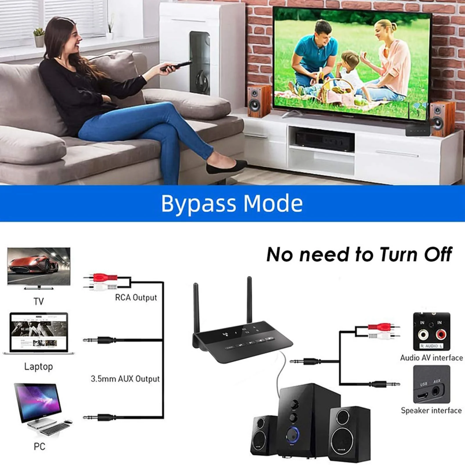 Bluetooth5.2 Transmitter Receiver, 2 in 1 200ft Long Range Audio Adapter with CSR Chip, Low Latency Dual Connection Bluetooth Adapter for Speaker Car - Image 2