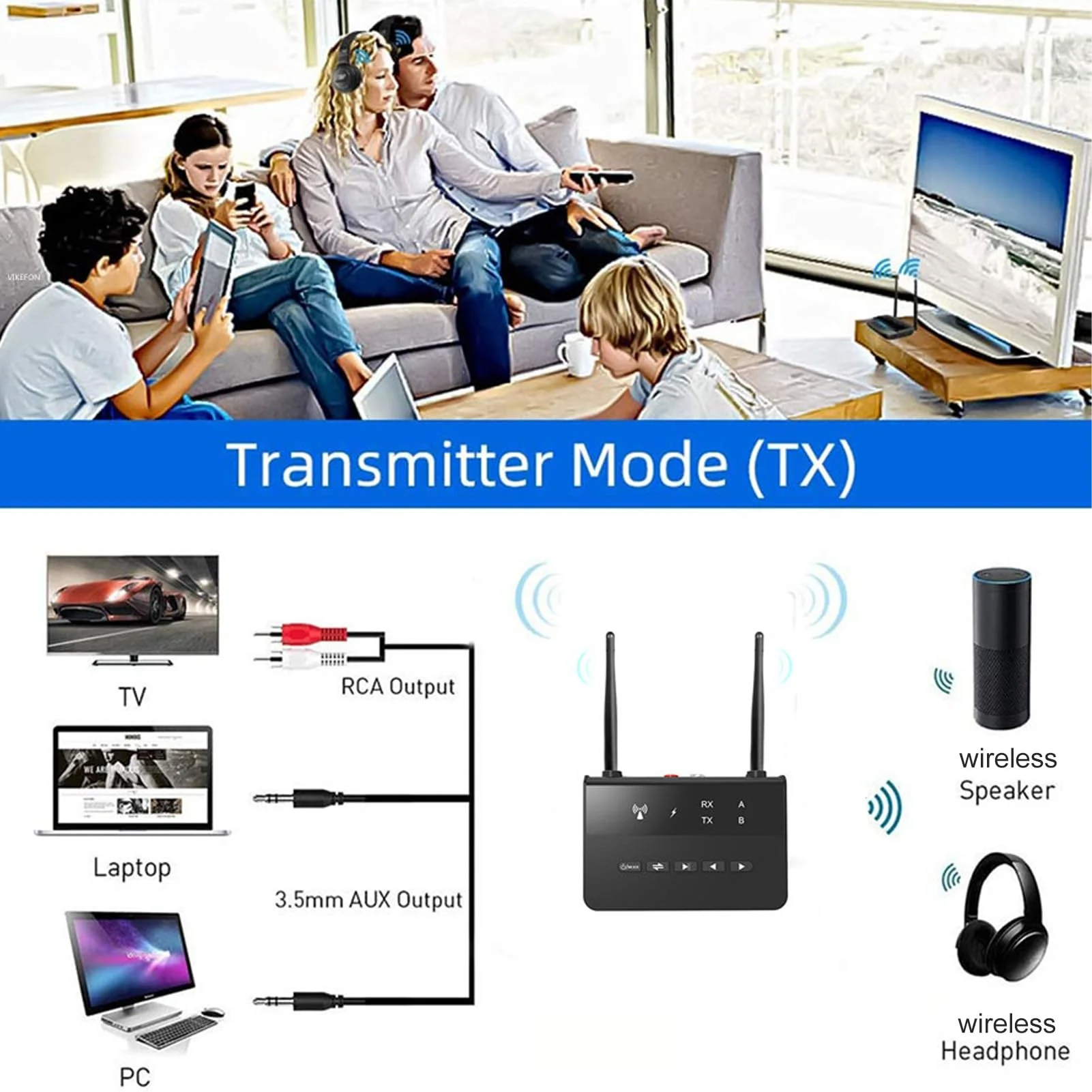 Bluetooth5.2 Transmitter Receiver, 2 in 1 200ft Long Range Audio Adapter with CSR Chip, Low Latency Dual Connection Bluetooth Adapter for Speaker Car - Image 7