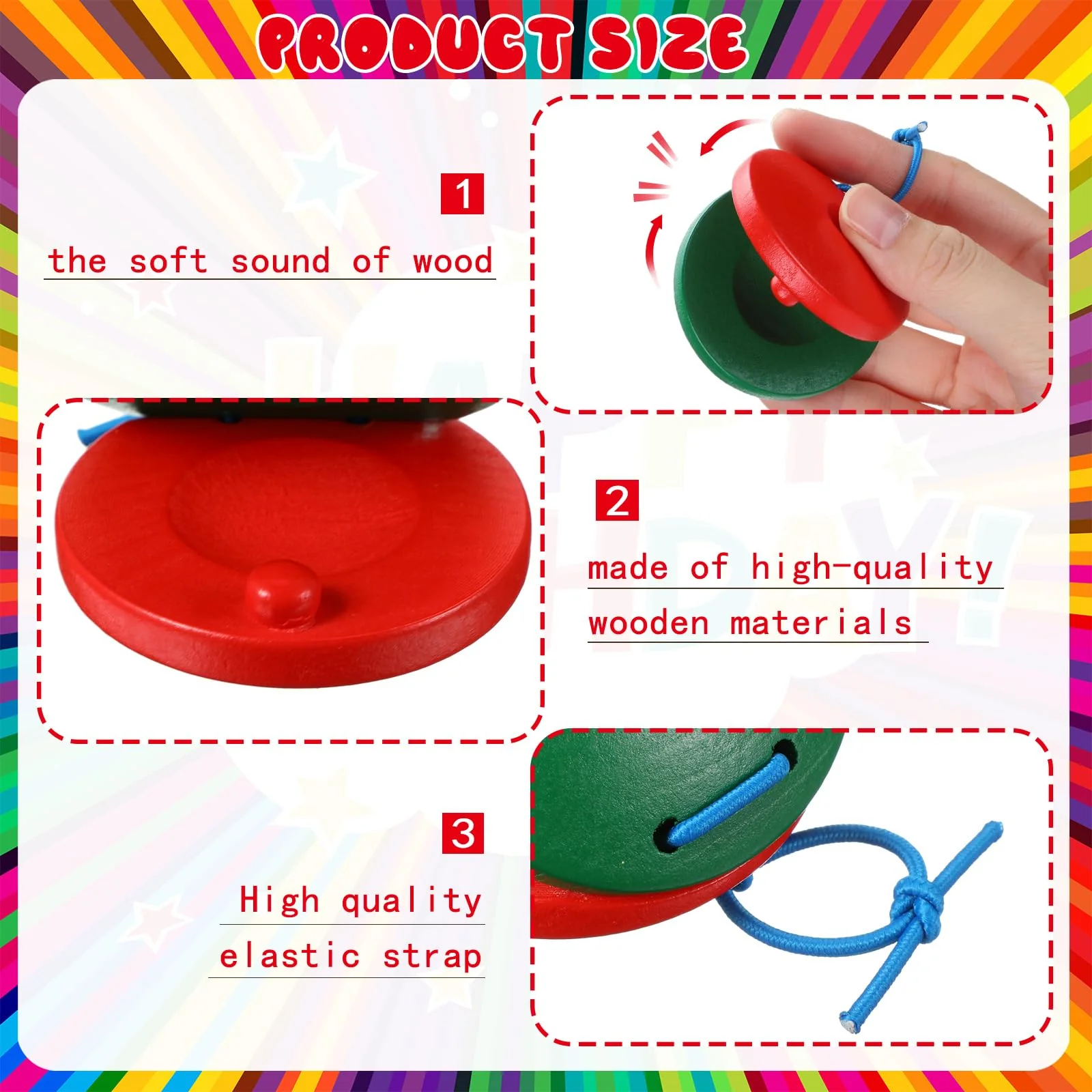 Boao 24 Pcs Castanets Musical Instrument Wooden Hand Finger Clap Board Educational Percussion DIY Music Instrument Rhythm Castanets(Multi Color) Multi Color - Image 3