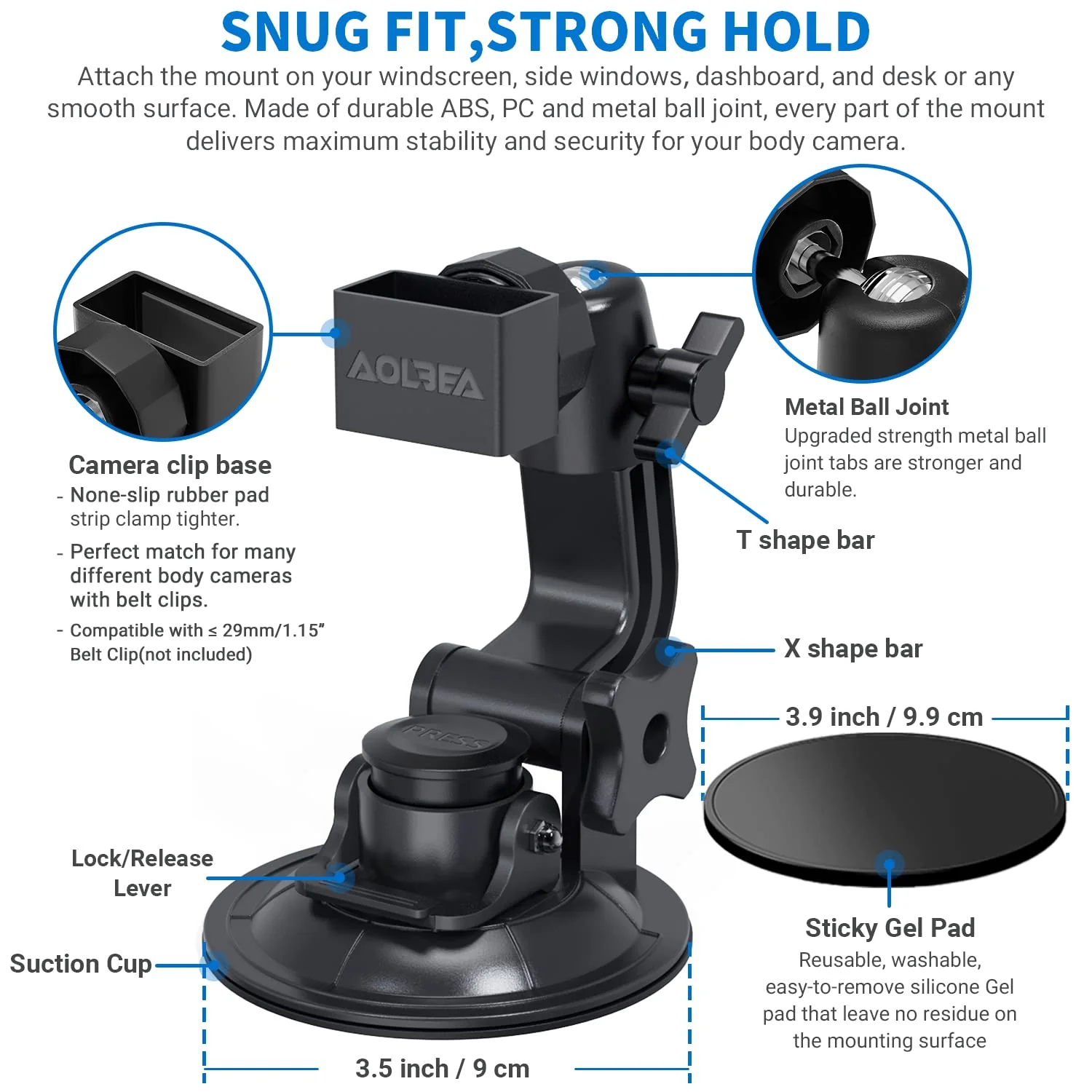 Body Camera Suction Cup Mount with Easy Remove Washable Reuable Magic Sticky Gel Pad for P100 and Widely Compatible with Other Body Camera Perfect for Car Windshield, Window, Glass, Dashboard - Image 3