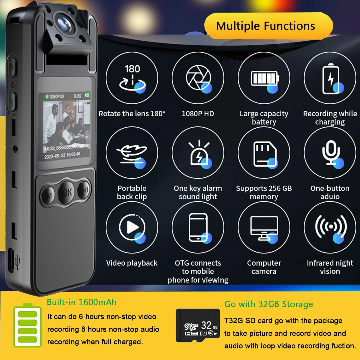 Body Camera with Audio and Video Recording, HD 1080P Body Cam with 180° Rotating Lens, 6HR Battery, Night Vision, 32GB Body Worn Camcorder, for Personal Civilians, Police Law Enforcement - Image 2