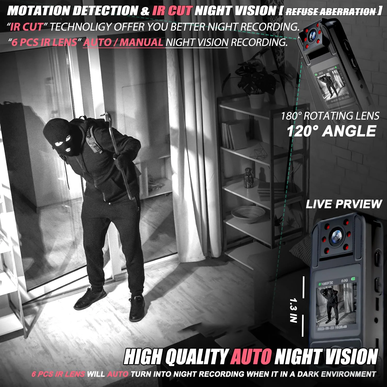 Body Camera with Audio and Video Recording, HD 1080P Body Cam with 180° Rotating Lens, 6HR Battery, Night Vision, Body Worn Camcorder, for Personal Civilians, Police Law Enforcement (64GB) 64GB Card - Image 2