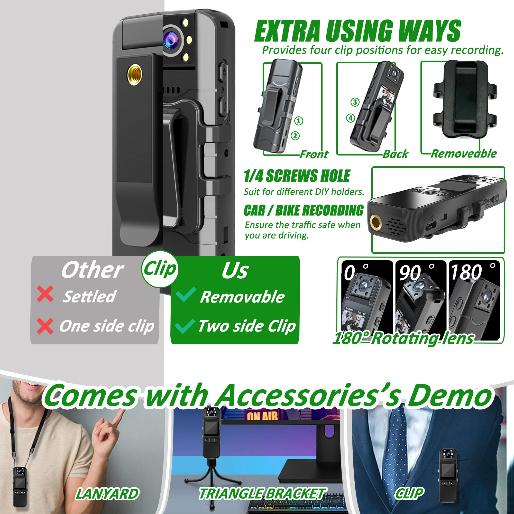 Body Camera with Audio and Video Recording, HD 1080P Body Cam with 180° Rotating Lens, 6HR Battery, Night Vision, Body Worn Camcorder, for Personal Civilians, Police Law Enforcement (64GB) 64GB Card - Image 4