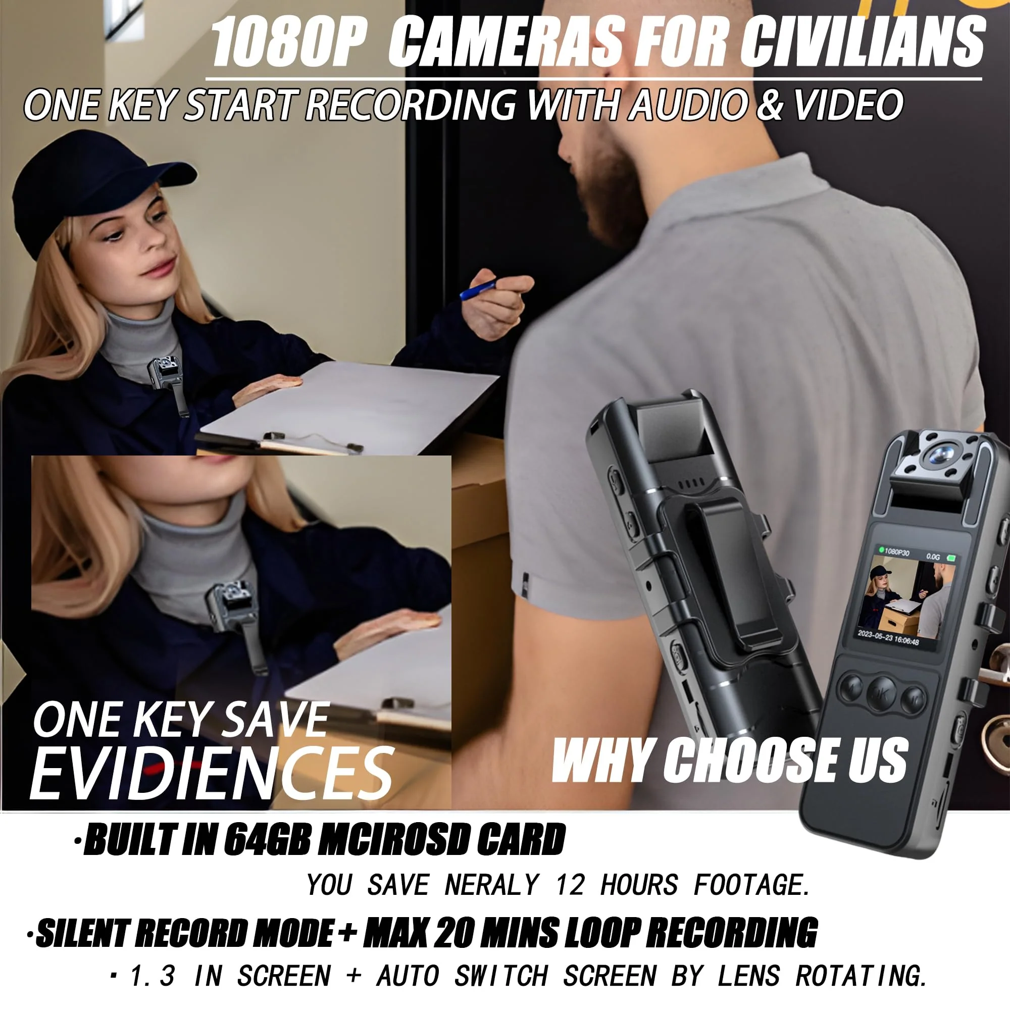 Body Camera with Audio and Video Recording, HD 1080P Body Cam with 180° Rotating Lens, 6HR Battery, Night Vision, Body Worn Camcorder, for Personal Civilians, Police Law Enforcement (64GB) 64GB Card - Image 6