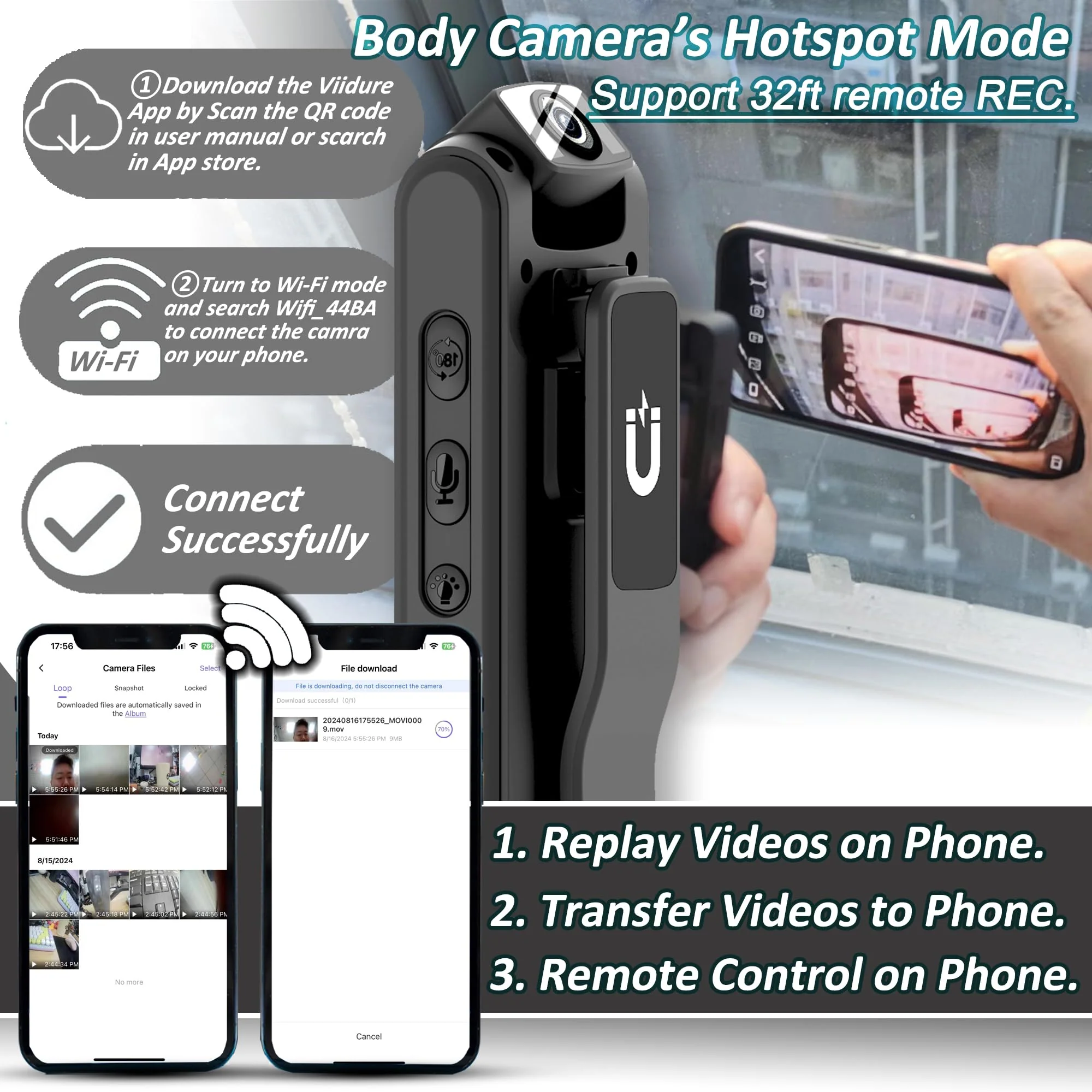 Body Camera with Audio & Video Recording- 64GB 1080P HD Police Cop Cam for Outdoor Law Enforcement Guard Travel Cameras- With Magnetic Clip Flashlight 6HR Battery Recorder (Black No Lanyard) Black 128G - Image 3