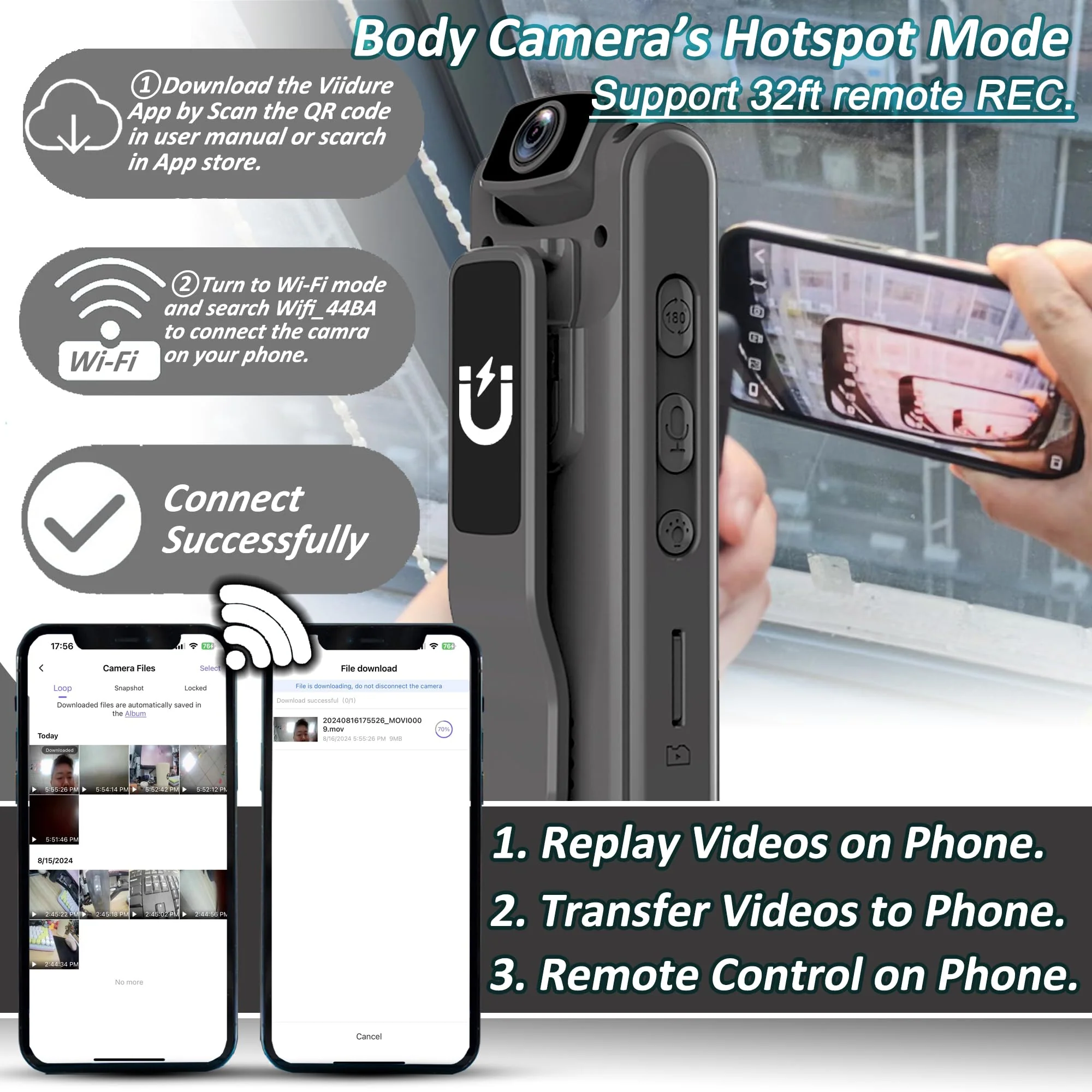Body Camera with Audio & Video Recording- 64GB 1080P HD Police Cop Cam for Outdoor Law Enforcement Guard Travel Cameras- With Magnetic Clip Flashlight 6HR Battery Recorder (Grey With Lanyard) Grey 64G - Image 3