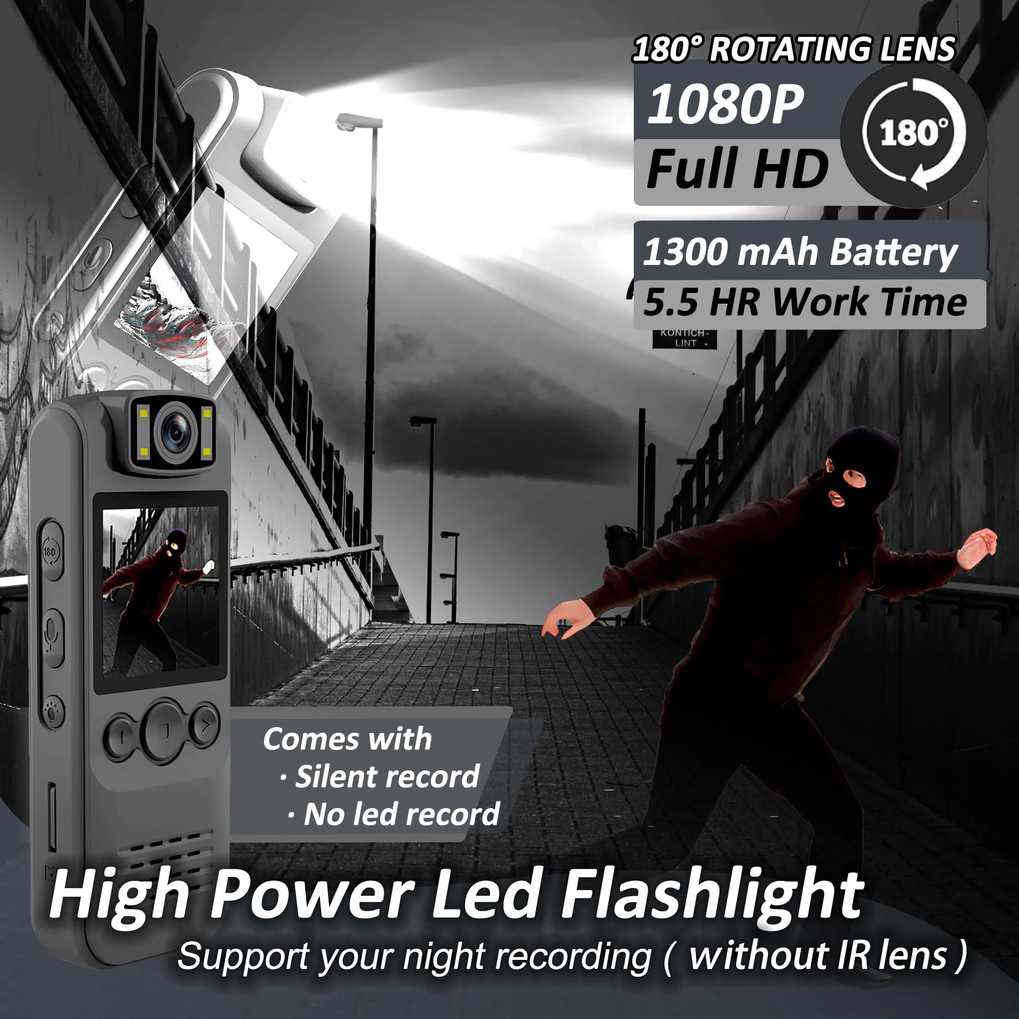 Body Camera with Audio & Video Recording- 64GB 1080P HD Police Cop Cam for Outdoor Law Enforcement Guard Travel Cameras- With Magnetic Clip Flashlight 6HR Battery Recorder (Grey With Lanyard) Grey 64G - Image 4
