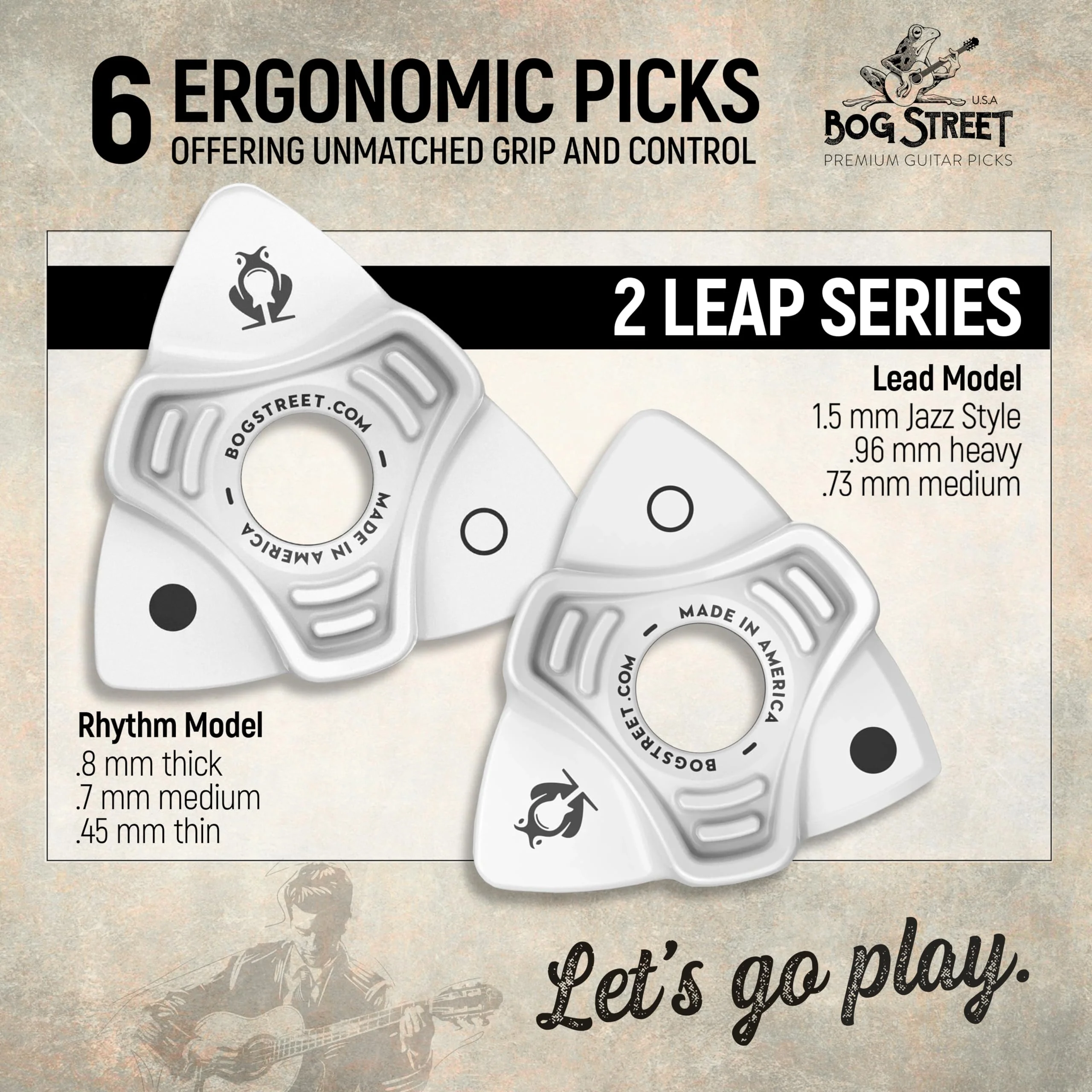 Bog Street Lead & Rhythm (Leap Series) Non-Slip Guitar Picks Made in USA Pack of 6 Plectrum for Guitar for Beginners & Hand Impairments - Image 3