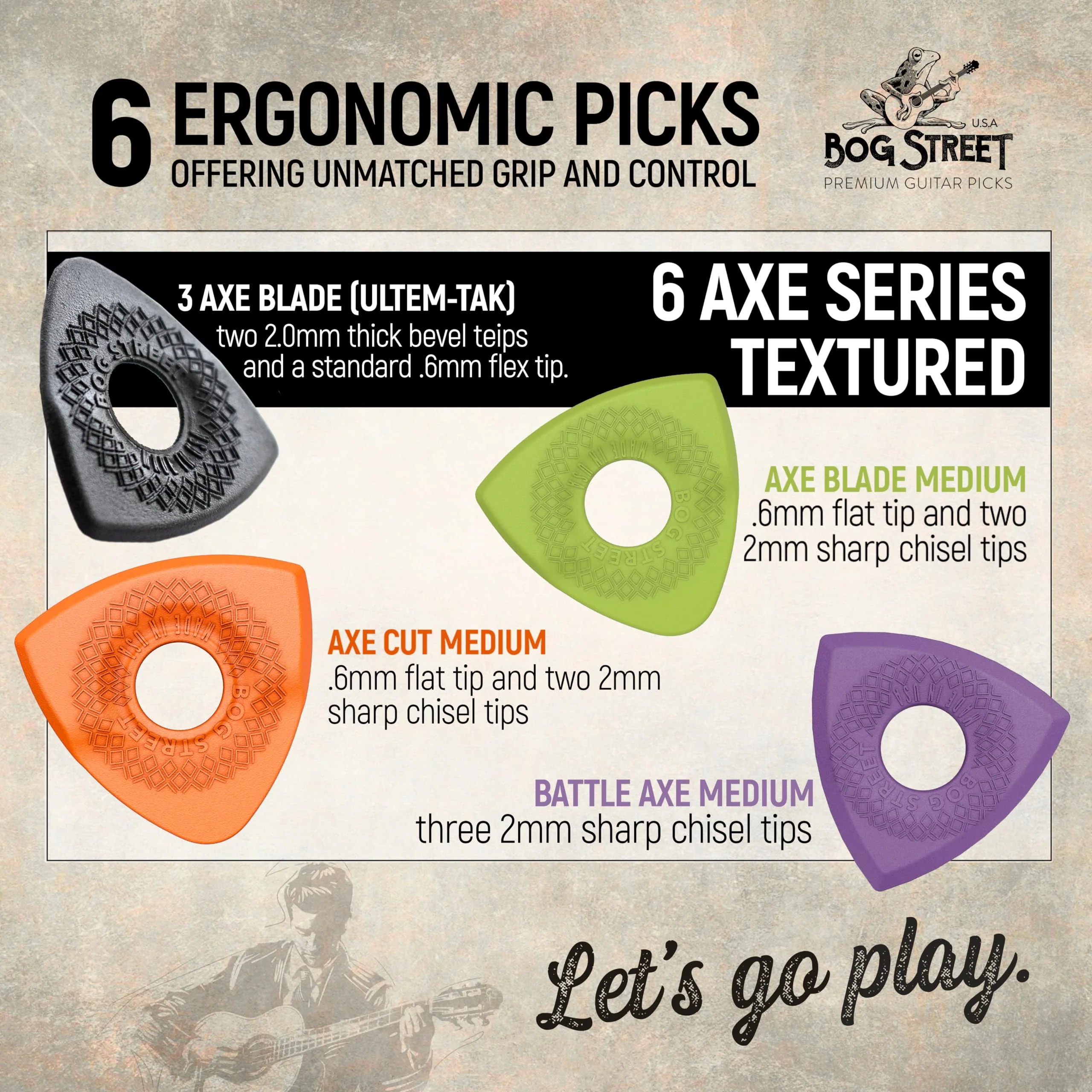 Bog Street Textured AXE Series Ergonomic Guitar Picks Thin Guitar Pick Pack of 6 with CUT, BLADE & BATTLE AXE Picks for Guitar - Made in USA Non Slip Guitar Picks Thick and Thin Pack - Image 3