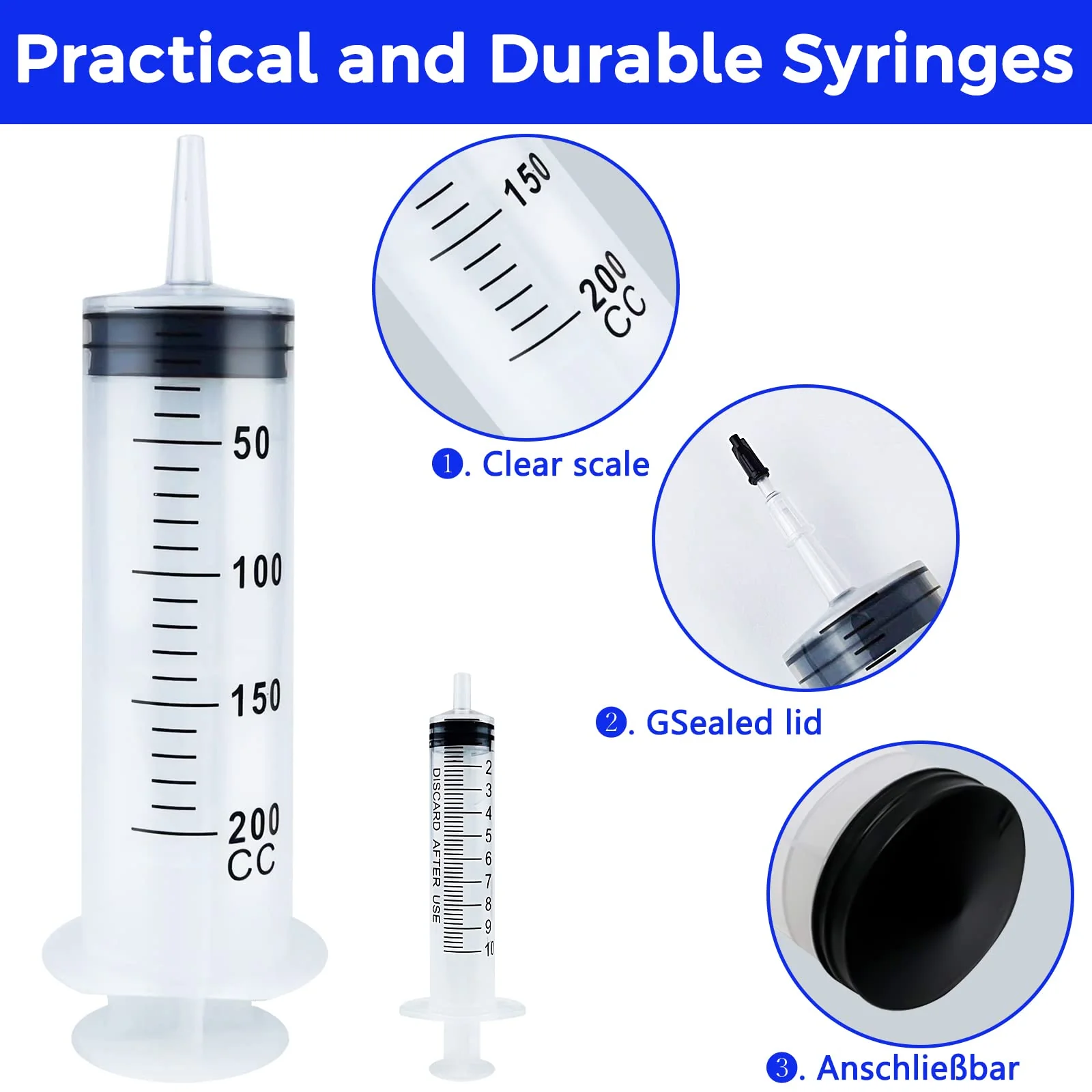 Bohoray Large Syringe 200 ml + 10 ml, Reusable Liquid Syringe with Catheter, Plastic Syringe Dosing Syringe with Cleaning Brush for Scientific Laboratories, Garden Watering, Industry 200ml 1 - Image 4