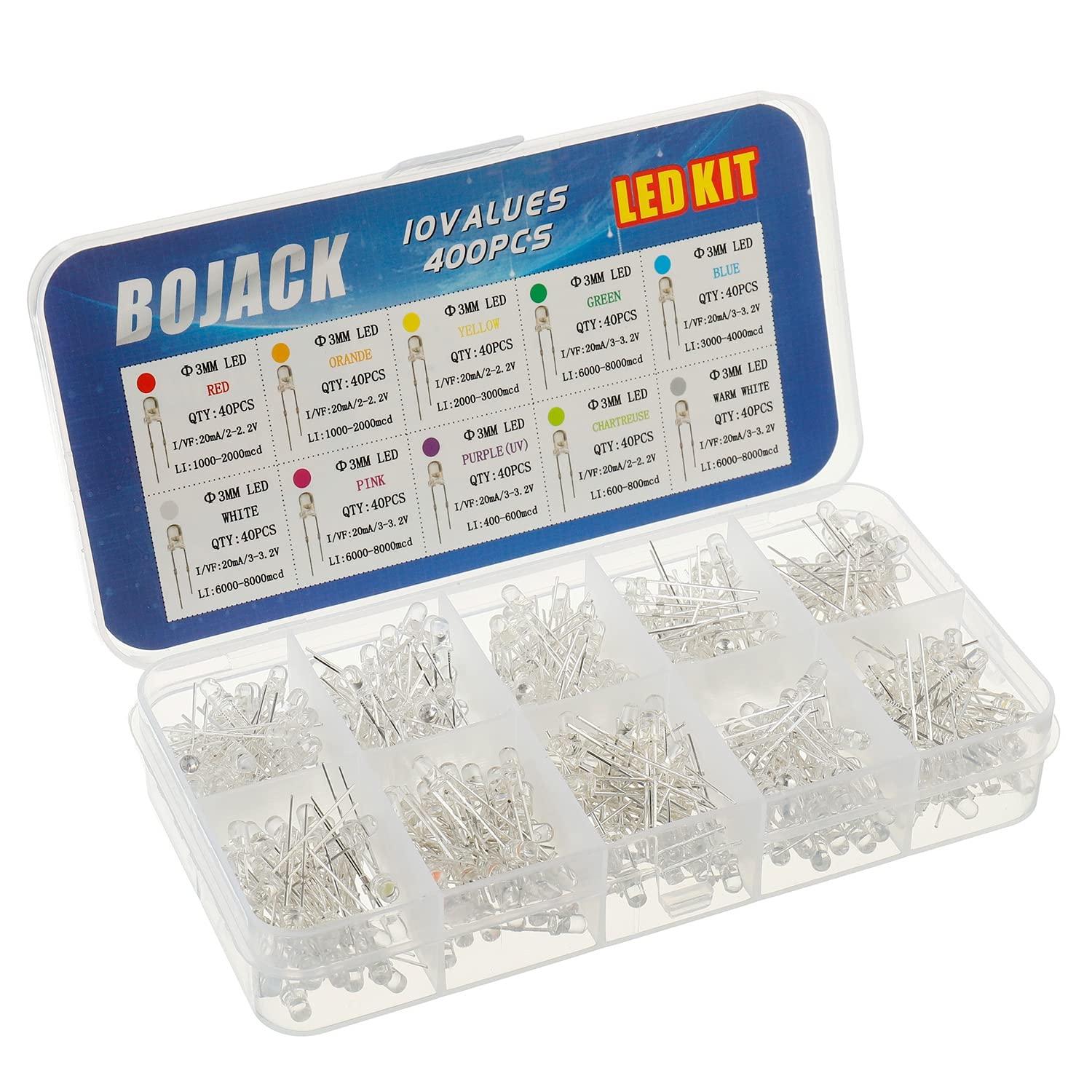 BOJACK 10 Colours 400 Pieces 3mm Lamp Diodes Assortment Kit Pack (Transparent, 2V - 3.2V, 20mA) Light Bulbs Electronic Components 3mm Light Emitting Diodes - Image 2
