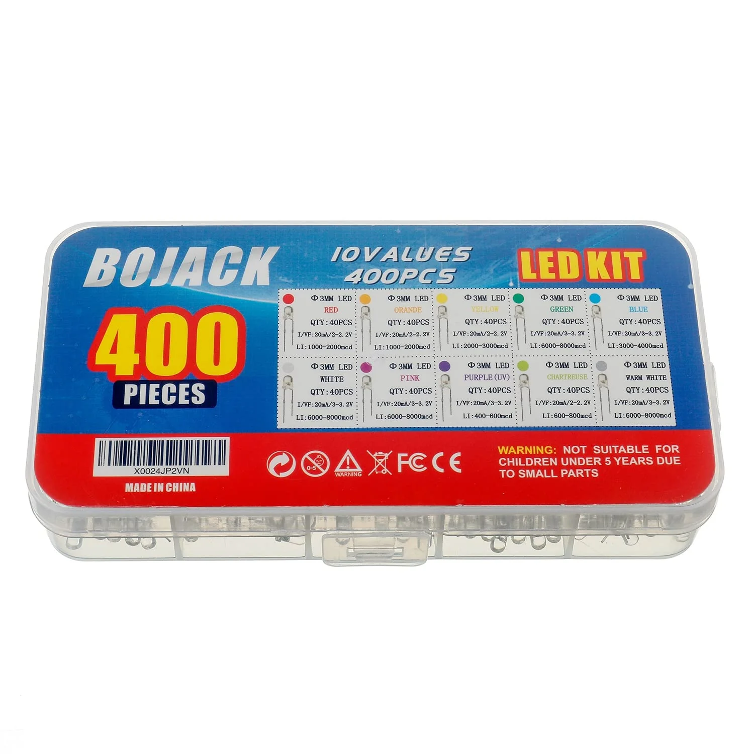 BOJACK 10 Colours 400 Pieces 3mm Lamp Diodes Assortment Kit Pack (Transparent, 2V - 3.2V, 20mA) Light Bulbs Electronic Components 3mm Light Emitting Diodes - Image 3