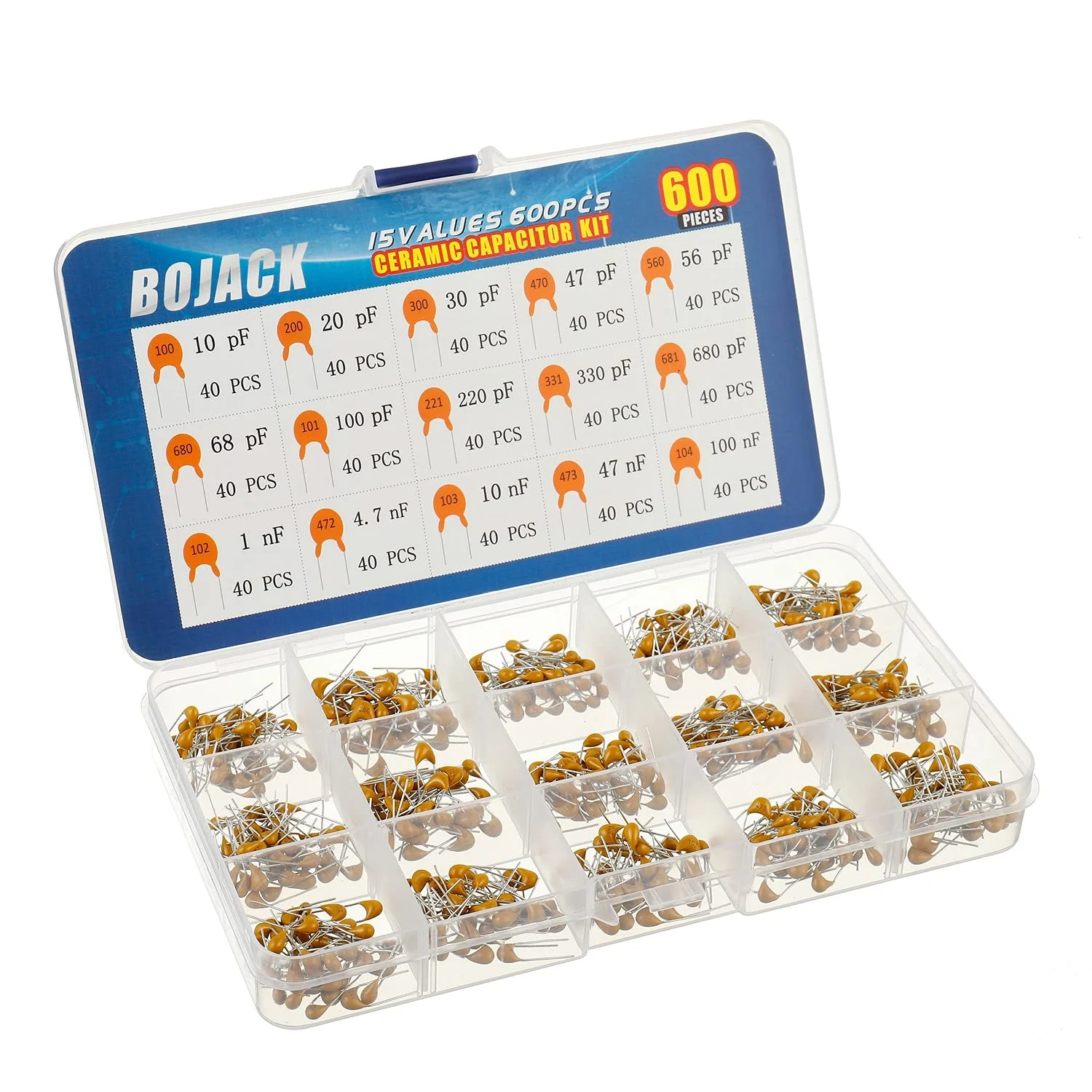 BOJACK 600-Piece 15 Value Ceramic Capacitor Kit (10 pF, 20 pF, 30 pF, 47 pF, 56 pF, 68 pF, 100 pF, 220 pF, 330 pF, 680 pF, 1 nF, 4.7 nF, 10 nF, 47 nF, 100 nF) - Image 2