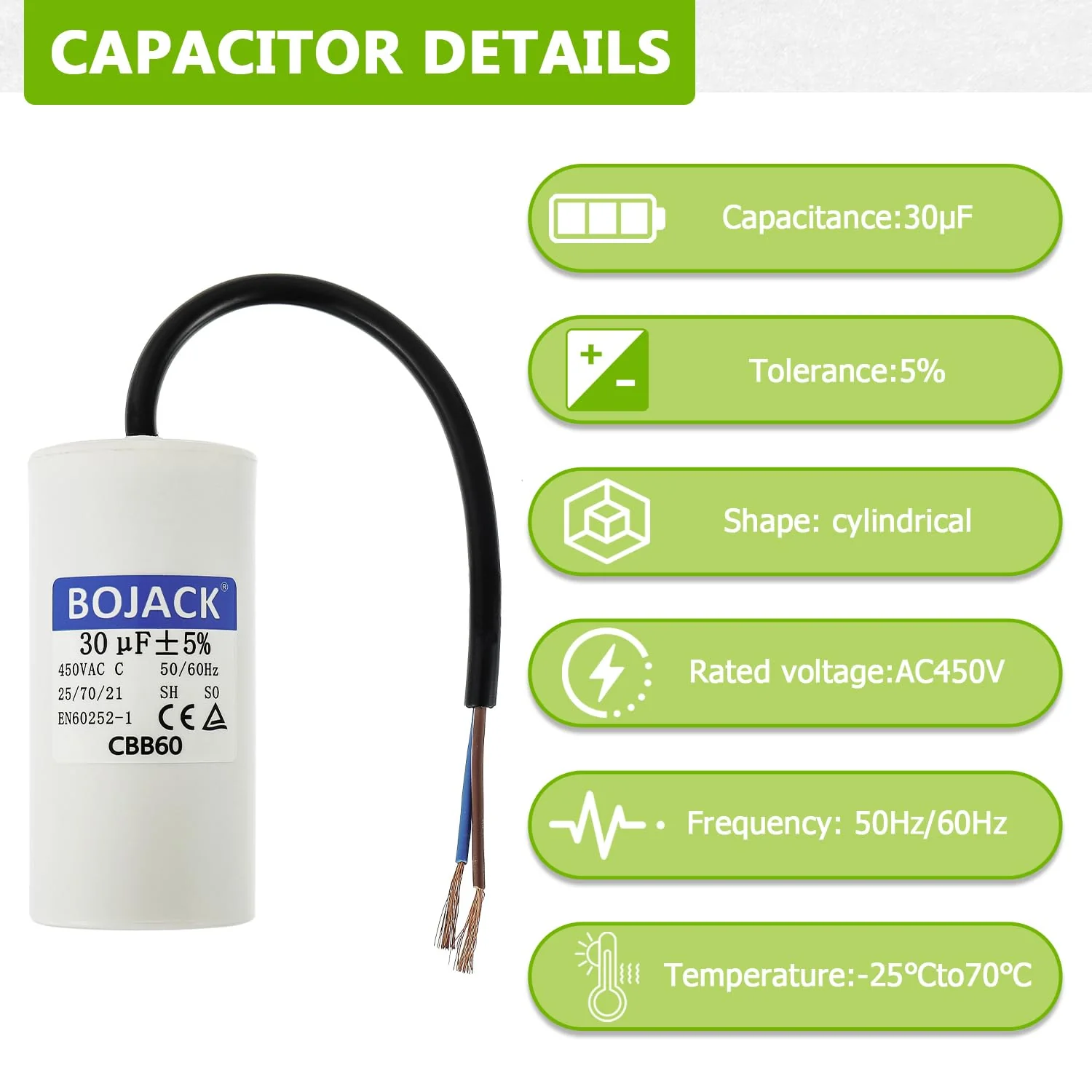 BOJACK CBB60 30uF 450V 50/60HZ Starting Capacitor, SH Motor Operating Capacitor, AC Motor Capacitor, with Wire - Image 3