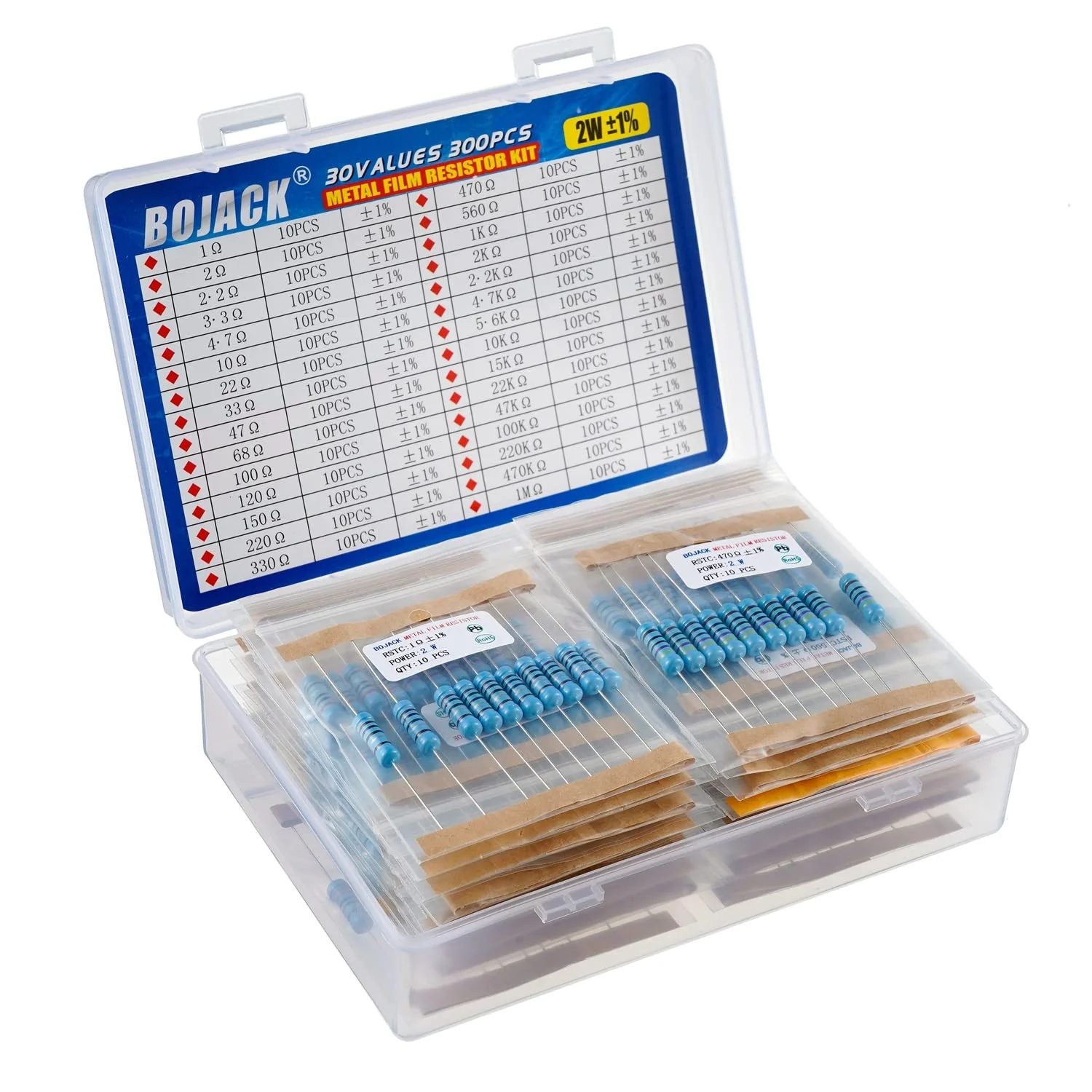 BOJACK Resistors Assortment Kit 1 Ohm - 1M Ohm 2W Metal Film Resistor Kit (30 Values 300 Pieces) 2 W - Image 2