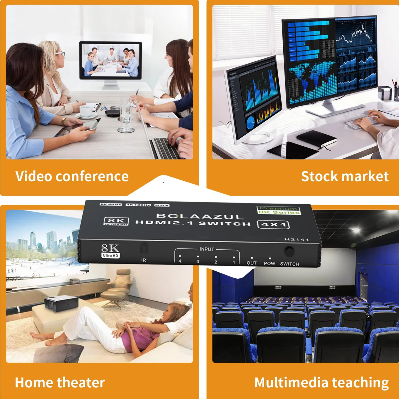 BolAAzuL 8K HDMI 2.1 Switch 120Hz 4K 4 in 1 Out, 8K@60Hz HDMI 2.1 Splitter Switcher Selector Box 4-Port with Remote 4K 120Hz 2K 144Hz, HDMI 4x1 HDR, 48Gbps, CEC, Dolby Vision, for Xbox Series X PS5 - Image 6