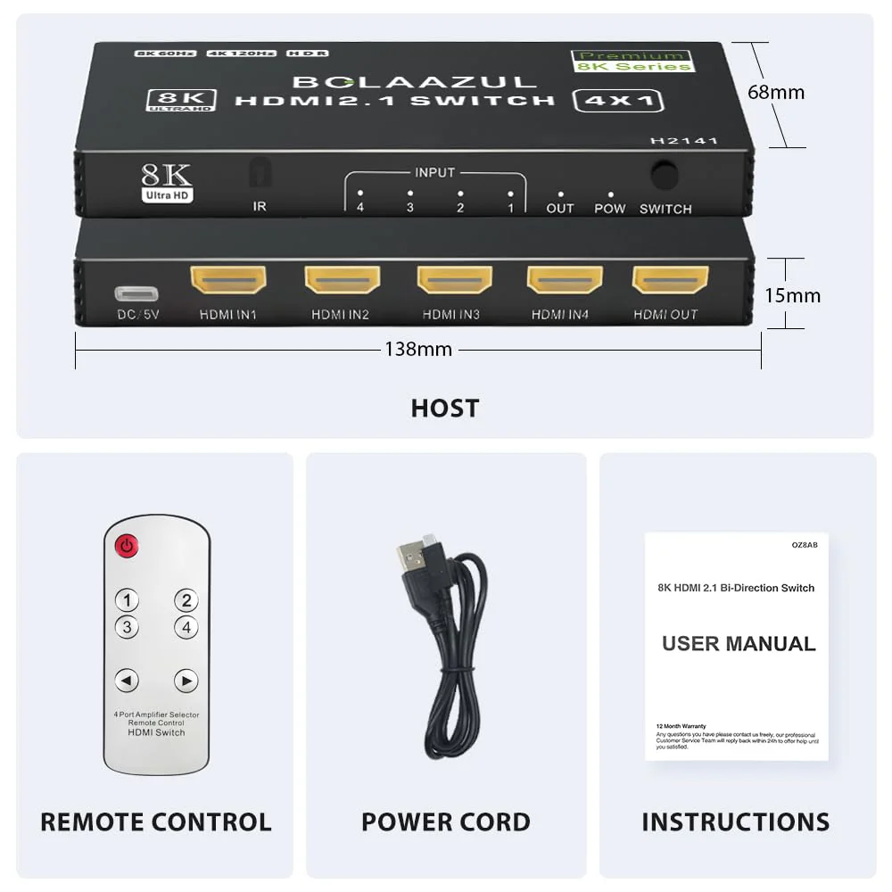 BolAAzuL 8K HDMI 2.1 Switch 120Hz 4K 4 in 1 Out, 8K@60Hz HDMI 2.1 Splitter Switcher Selector Box 4-Port with Remote 4K 120Hz 2K 144Hz, HDMI 4x1 HDR, 48Gbps, CEC, Dolby Vision, for Xbox Series X PS5 - Image 7