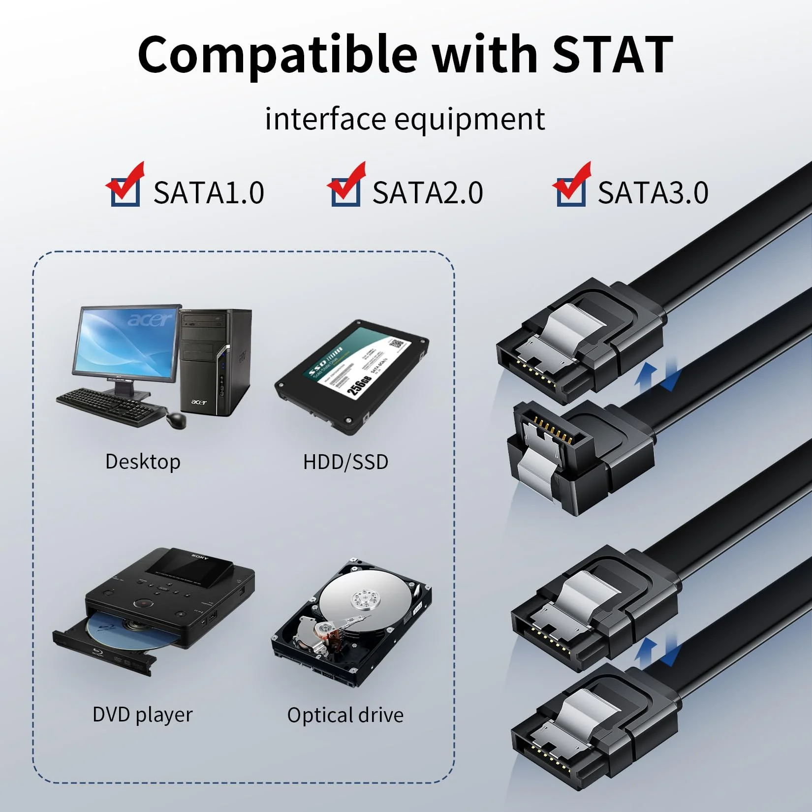 BolAAzuL SATA Cable III Right Angle & Straight, 2-Pack SATA Data Cables 90 Degree + SATA 3 Cable Straight to Straight, 6Gbps Tangle-Free SATA Cable 7pin Black with Locking Latch for Hard Drive SSD 1 straight + 1 angled - Image 5