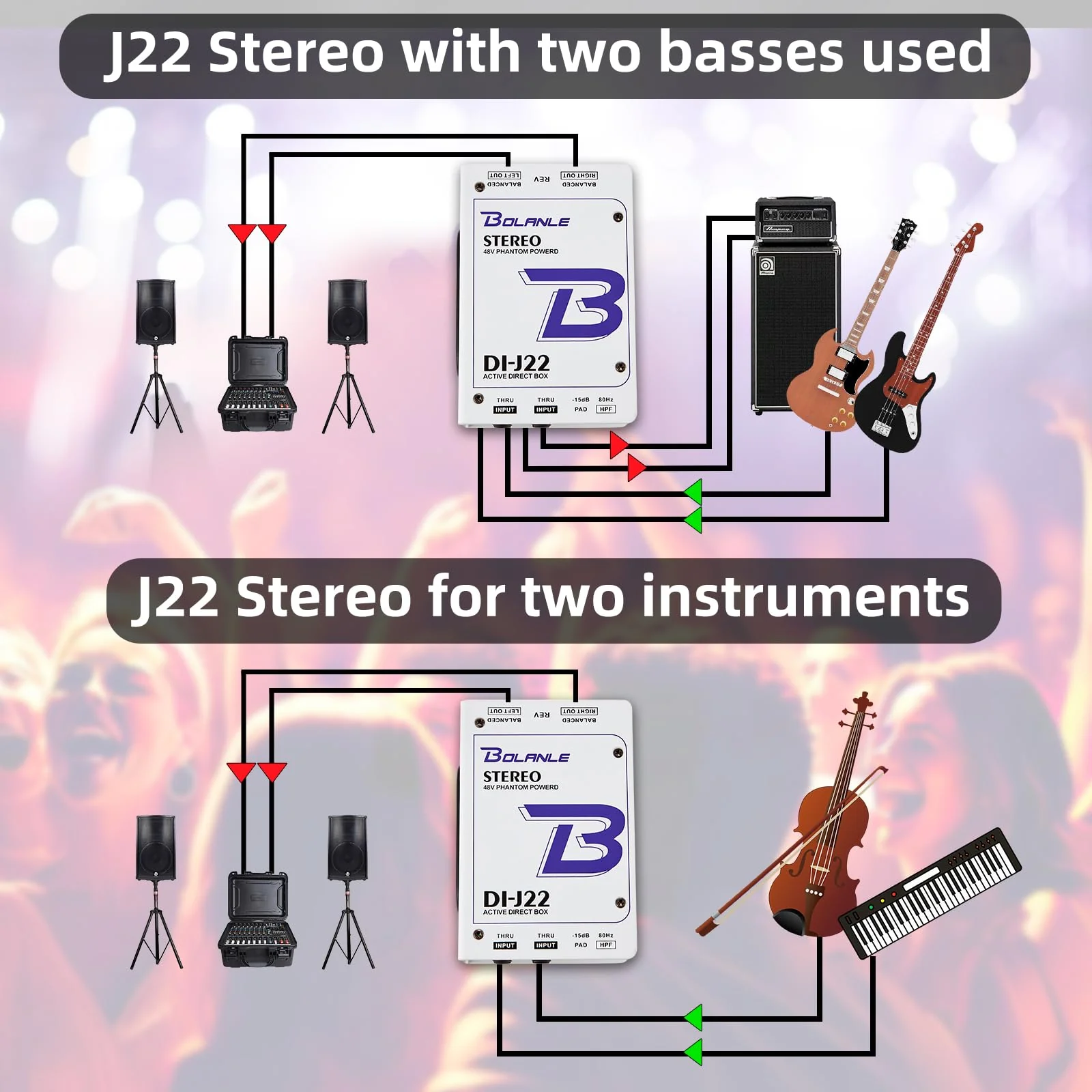 Bolanle J22 Professional Stereo DI Box/Splitter XLR 1/4 inch, Dual Channel Direct Box for Sound System, Subwoofer, Karaoke Speaker, Guitar, Keyboard, Bass - Image 3