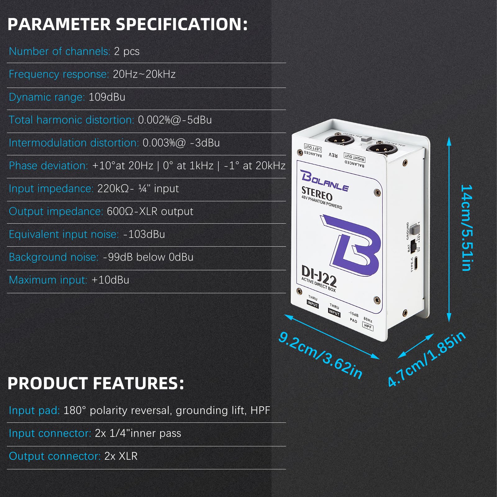 Bolanle J22 Professional Stereo DI Box/Splitter XLR 1/4 inch, Dual Channel Direct Box for Sound System, Subwoofer, Karaoke Speaker, Guitar, Keyboard, Bass - Image 5
