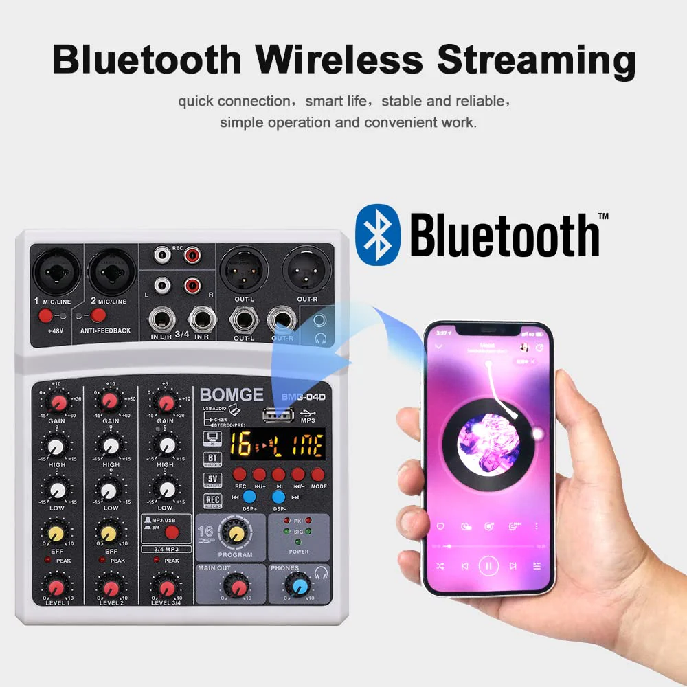 BOMGE 4 Channel dj Bluetooth Audio Mini Mixer with Effects, USB Interface, Stereo Recording, 48V Phantom Power for PC,phone(White) white - Image 2