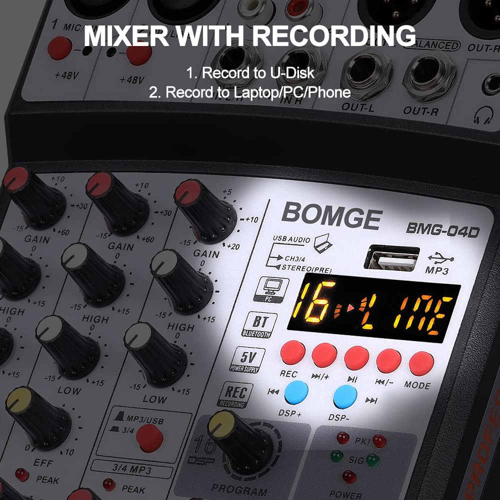 BOMGE 4 Channel dj Bluetooth Audio Mini Mixer with Effects, USB Interface, Stereo Recording, 48V Phantom Power for PC,phone(White) white - Image 3