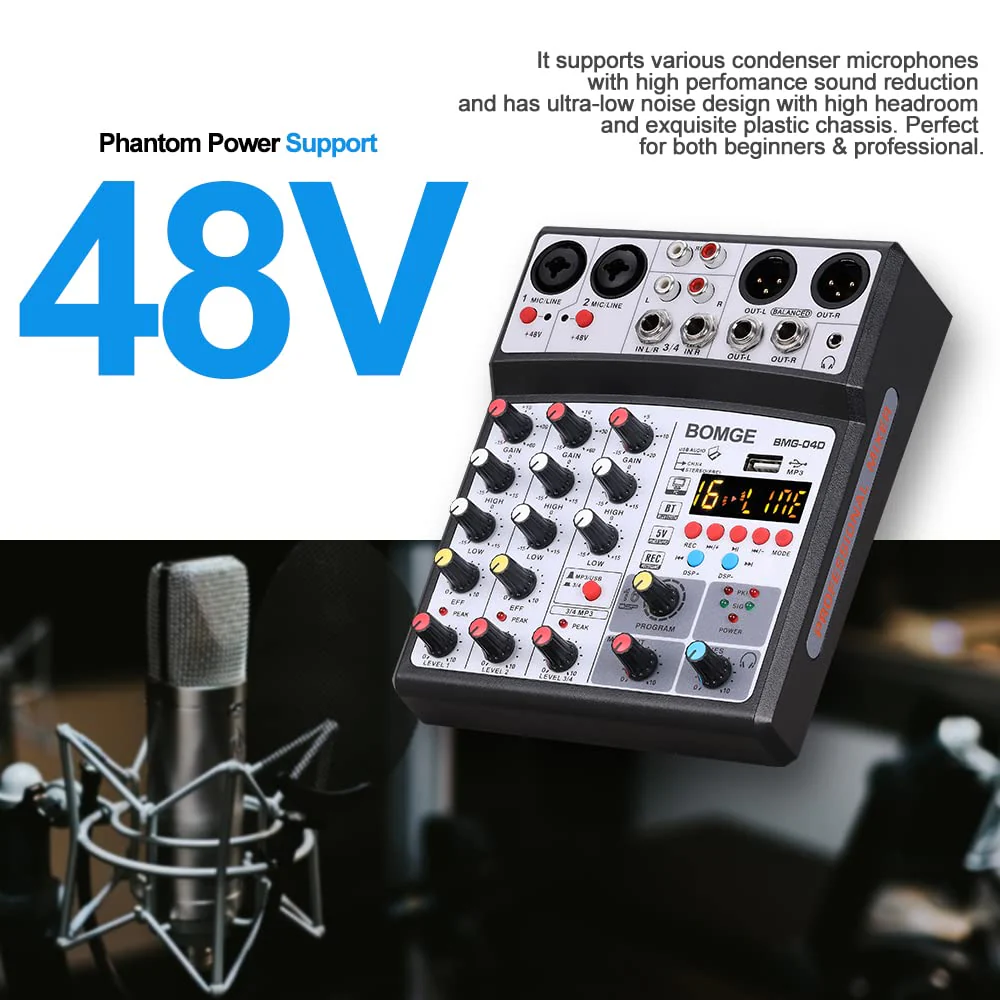 BOMGE 4 Channel dj Bluetooth Audio Mini Mixer with Effects, USB Interface, Stereo Recording, 48V Phantom Power for PC,phone(White) white - Image 4