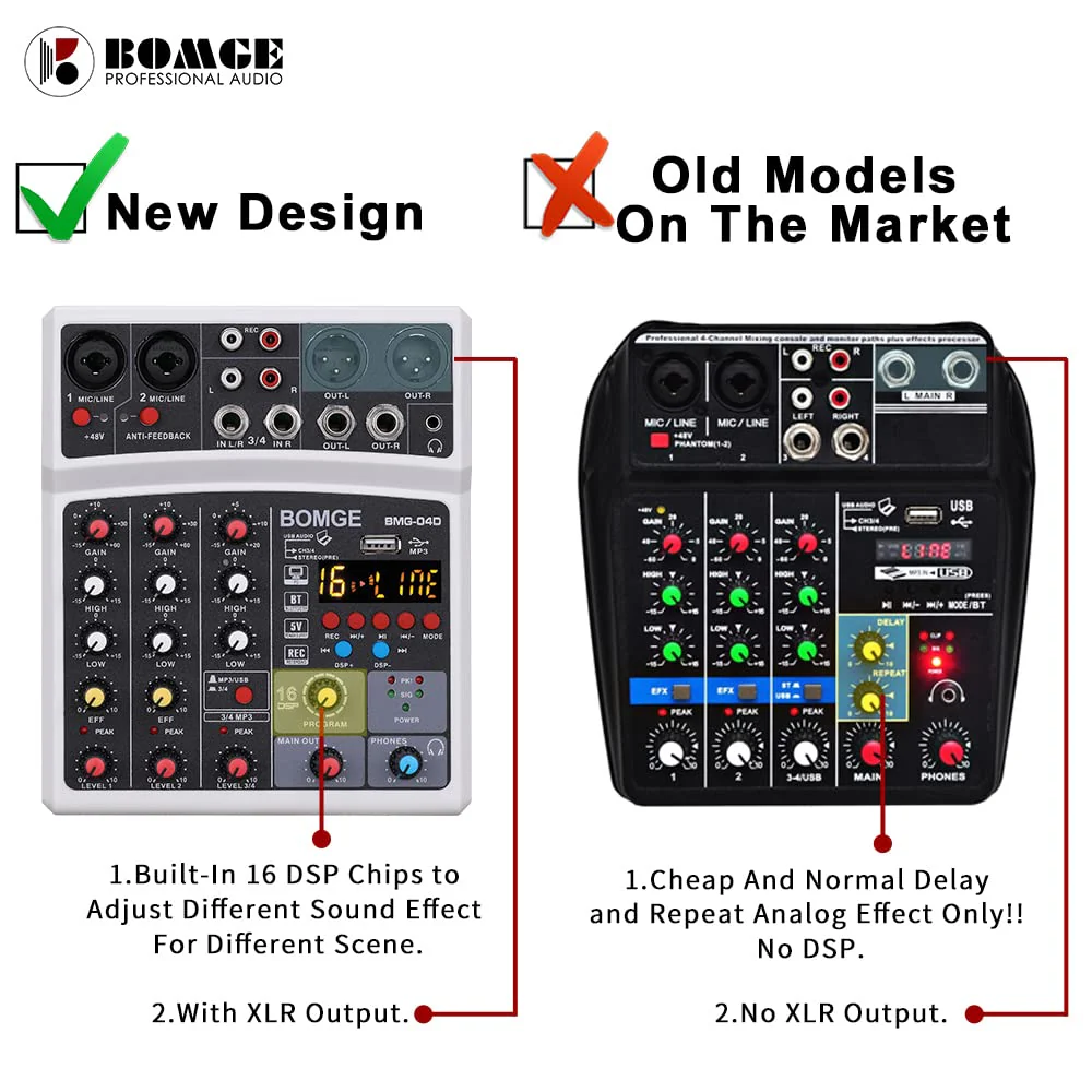 BOMGE 4 Channel dj Bluetooth Audio Mini Mixer with Effects, USB Interface, Stereo Recording, 48V Phantom Power for PC,phone(White) white - Image 5