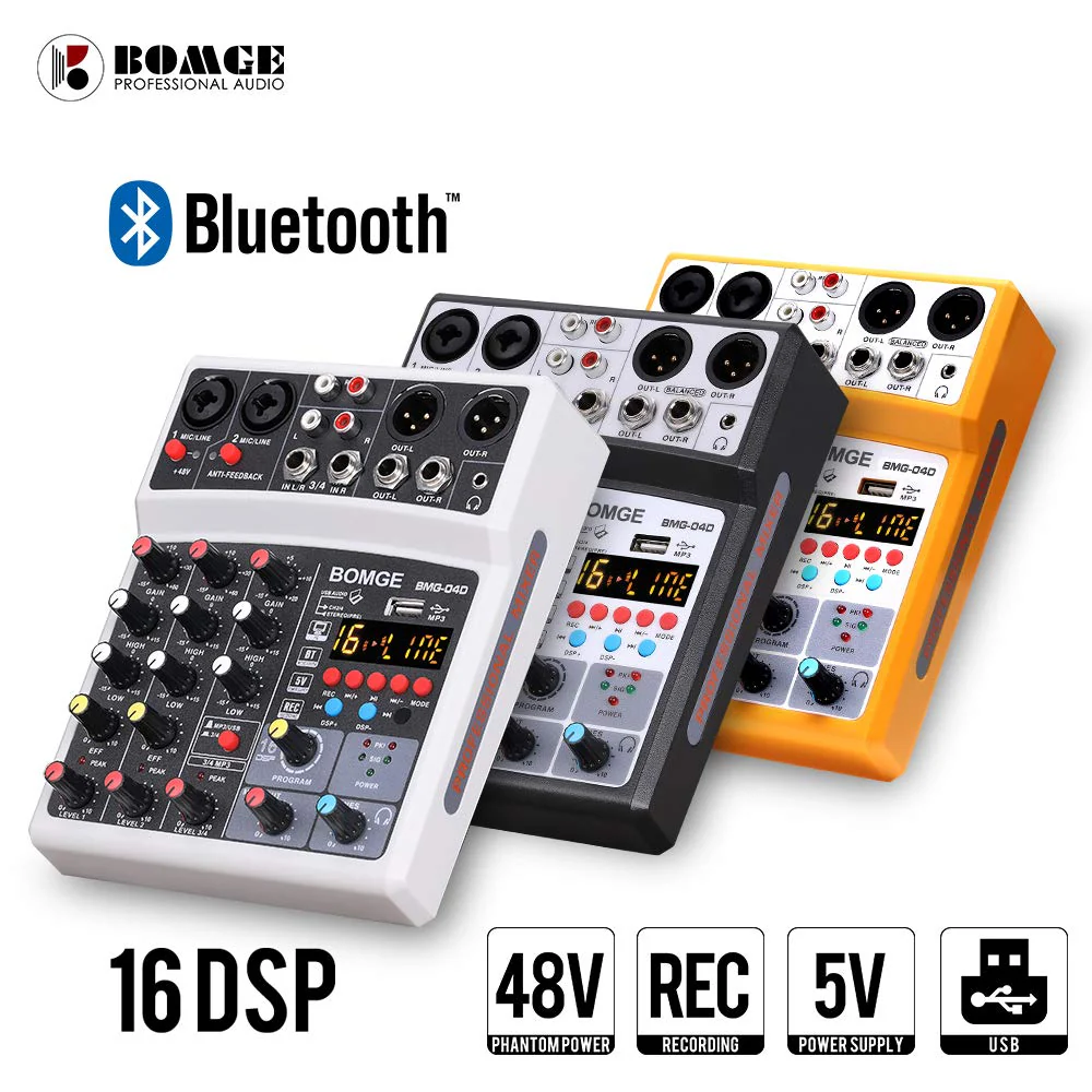 BOMGE 4 Channel dj Bluetooth Audio Mini Mixer with Effects, USB Interface, Stereo Recording, 48V Phantom Power for PC,phone(White) white - Image 8