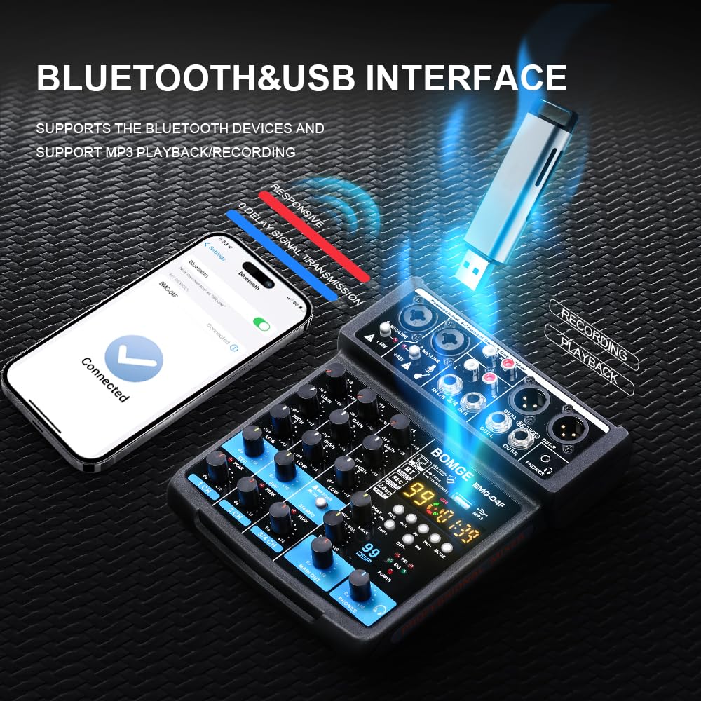 BOMGE 4 Channel mini DJ Audio Sound Mixer Interface with MP3、 USB, Bluetooth, Stereo Recording, 48V Phantom Power, 99 DSP for karaoke, performance, church singing, podcas streaming BLACK-04F - Image 2