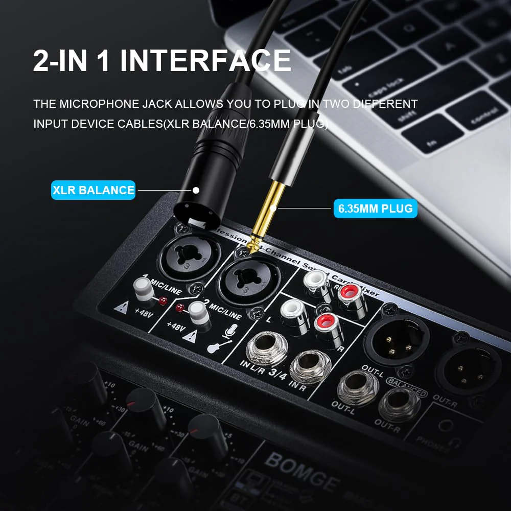 BOMGE 4 Channel mini DJ Audio Sound Mixer Interface with MP3、 USB, Bluetooth, Stereo Recording, 48V Phantom Power, 99 DSP for karaoke, performance, church singing, podcas streaming BLACK-04F - Image 4