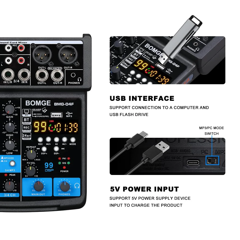 BOMGE 4 Channel mini DJ Audio Sound Mixer Interface with MP3、 USB, Bluetooth, Stereo Recording, 48V Phantom Power, 99 DSP for karaoke, performance, church singing, podcas streaming BLACK-04F - Image 5