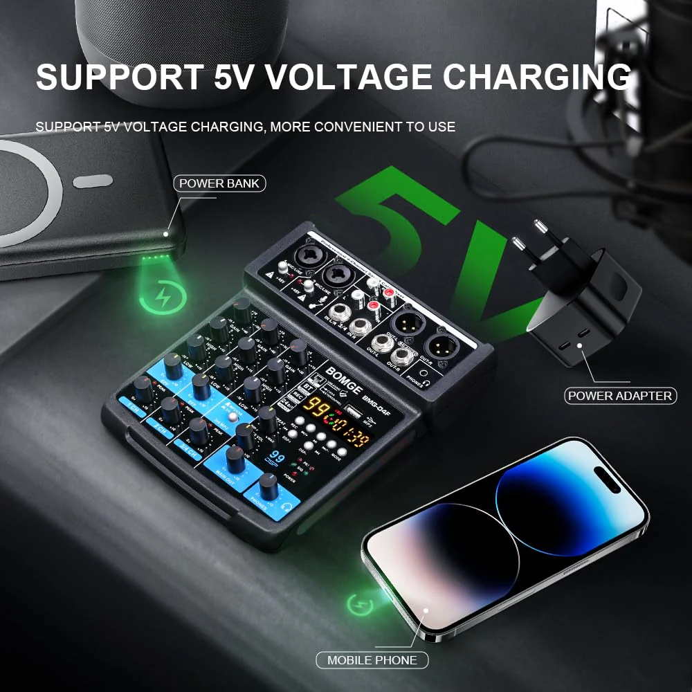 BOMGE 4 Channel mini DJ Audio Sound Mixer Interface with MP3、 USB, Bluetooth, Stereo Recording, 48V Phantom Power, 99 DSP for karaoke, performance, church singing, podcas streaming BLACK-04F - Image 6