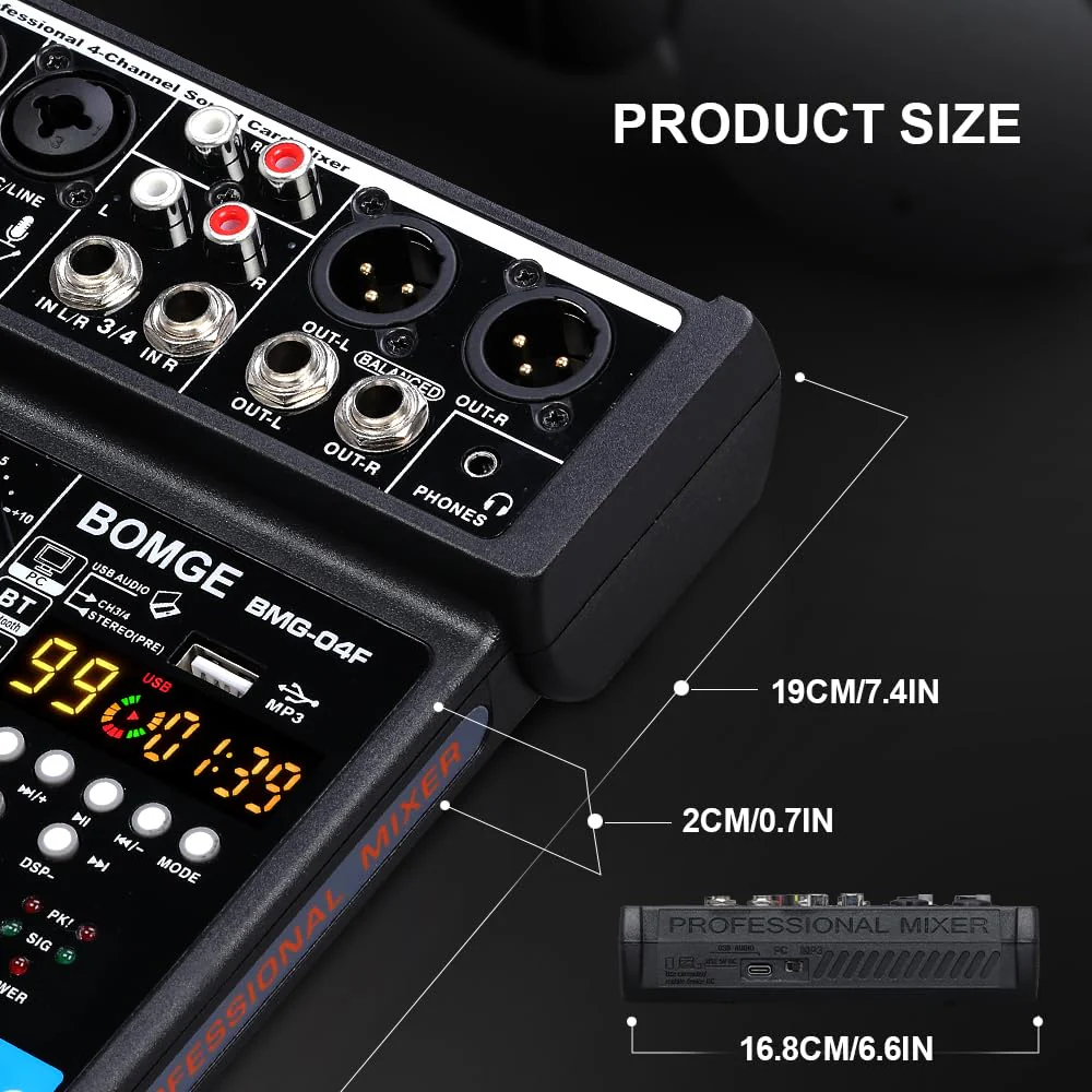 BOMGE 4 Channel mini DJ Audio Sound Mixer Interface with MP3、 USB, Bluetooth, Stereo Recording, 48V Phantom Power, 99 DSP for karaoke, performance, church singing, podcas streaming BLACK-04F - Image 8