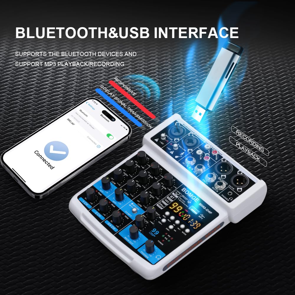 BOMGE 4 Channel mini DJ Audio Sound Mixer Interface with MP3、 USB, Bluetooth, Stereo Recording, 48V Phantom Power, 99 DSP for karaoke, performance, church singing 、 podcas streaming- white WHITE-04F - Image 2