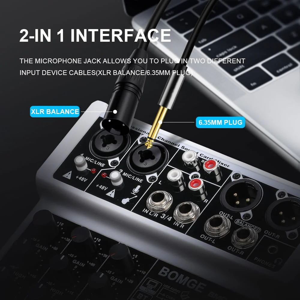 BOMGE 4 Channel mini DJ Audio Sound Mixer Interface with MP3、 USB, Bluetooth, Stereo Recording, 48V Phantom Power, 99 DSP for karaoke, performance, church singing 、 podcas streaming- white WHITE-04F - Image 3