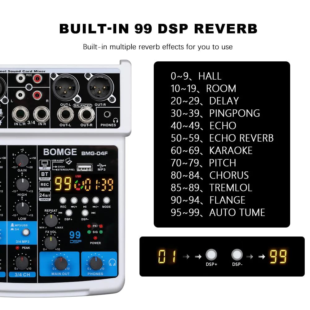 BOMGE 4 Channel mini DJ Audio Sound Mixer Interface with MP3、 USB, Bluetooth, Stereo Recording, 48V Phantom Power, 99 DSP for karaoke, performance, church singing 、 podcas streaming- white WHITE-04F - Image 4